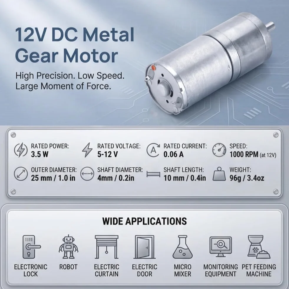 DC Getriebemotor, 25mm DC 12V 25GA-370 Low Speed Metall Getriebemotor für elektronische Sperre(12V 1000RPM)
