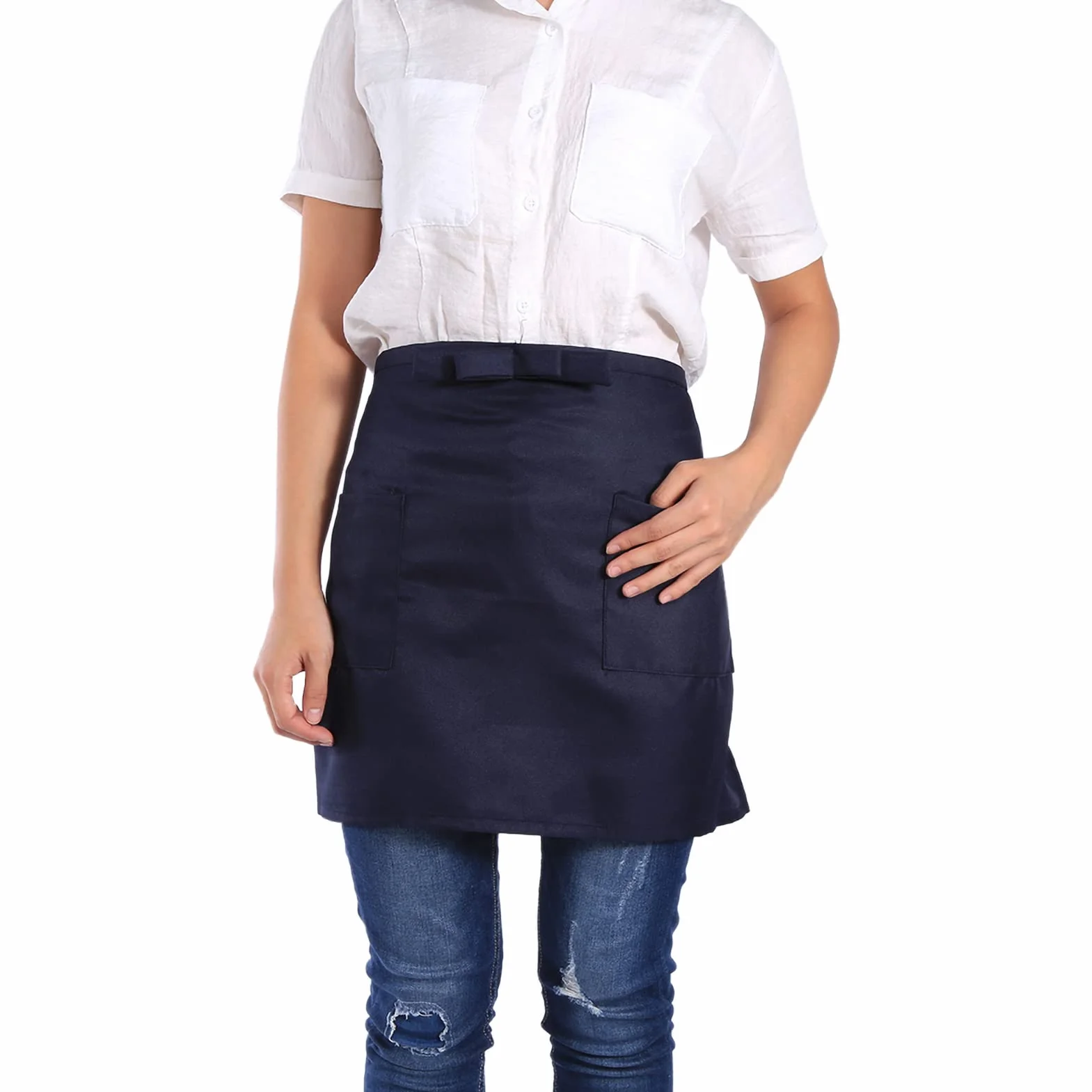 Fartuch w Talii z 2 Kieszeniami, Jednokolorowy Fartuch do Połowy Długości Polyerter Unisex Typu Bowknot Kelner Pół Fartuch dla Kobiet Mężczyźni Kelnerka Kelnerka (7 Kolorów)(Ciemny niebieski)