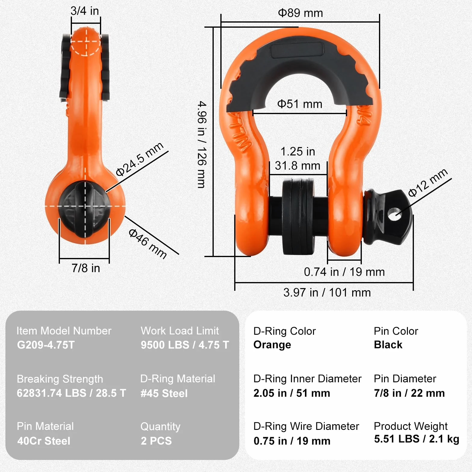 VEVOR Szekla D-ring 4,75 t zestaw 2 szt ze stali stopowej trzpień 22 mm pomarańczowa