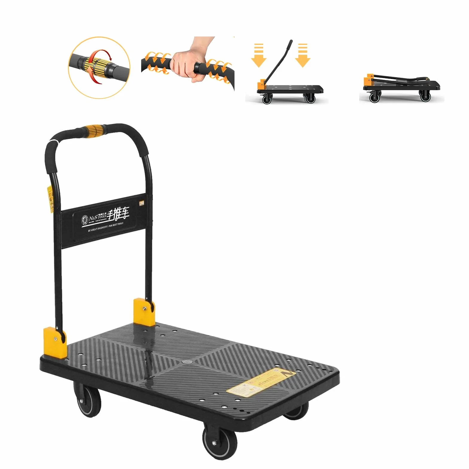 N&S Heavy Duty Wózek platformowy 200 kg Jednoręczne zmarszczki wózek ciężarowy z wyciszeniem koła, wózek platformowy