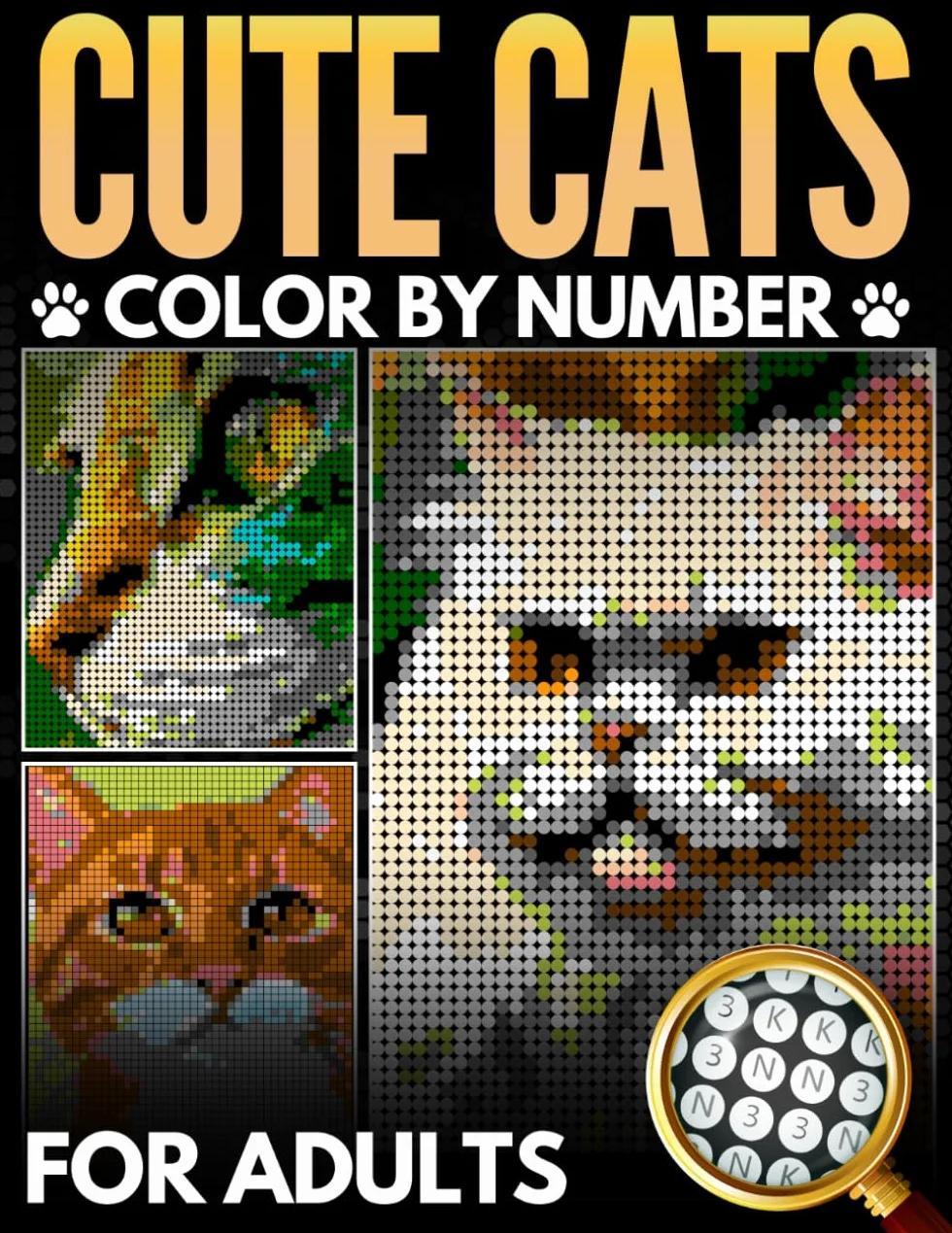 Cute Cats Color by Number for Adults: 50 Adorable Kittens & Cat Breeds Pixel Art & Mosaic Coloring Book with Black Background — Stress Relief, Mindfulness Relaxation