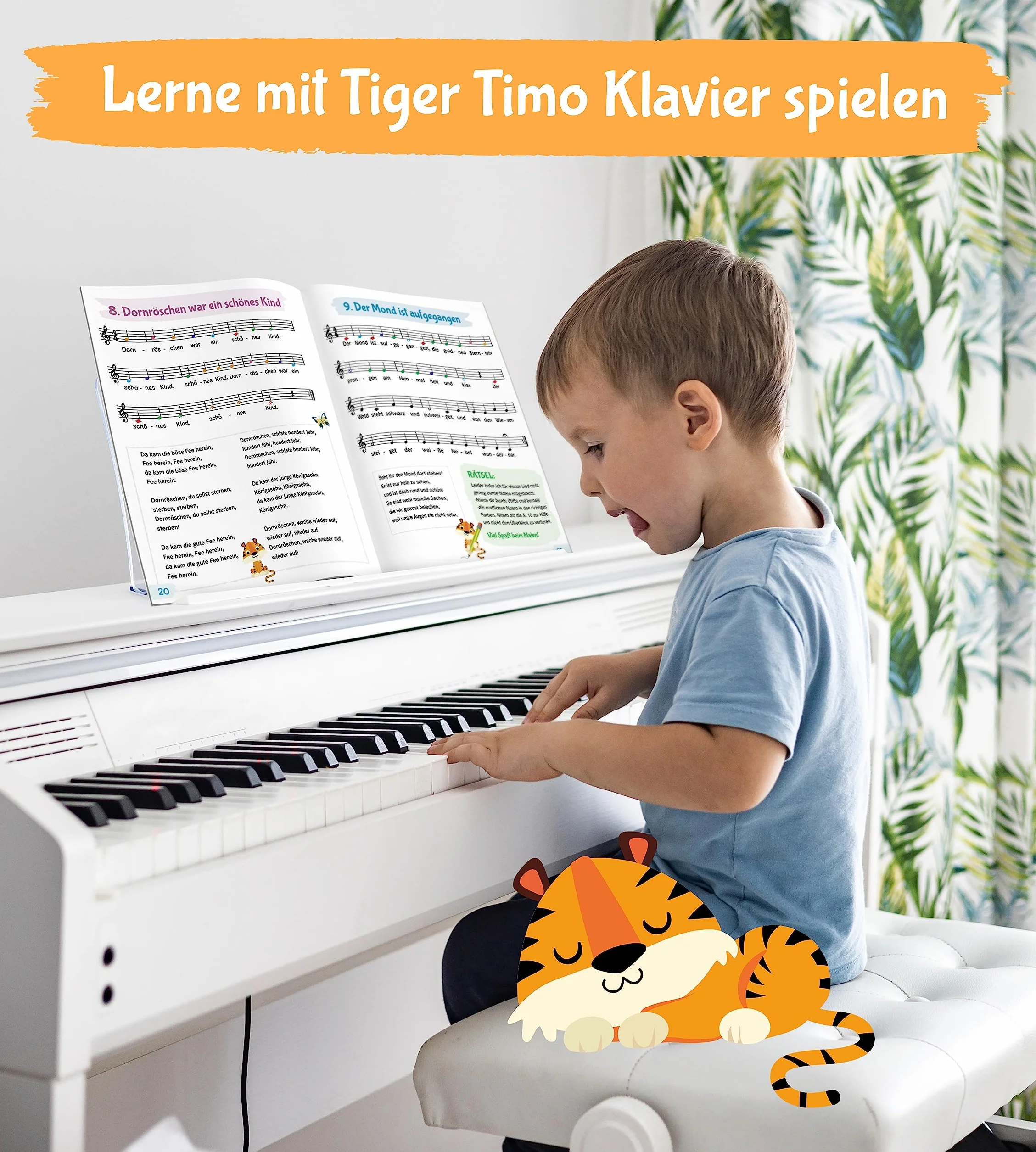 Klavier lernen mit Tiger Timo: 50 Klavierstücke für Kinder mit bunten Klaviernoten – Musikalische Früherziehung für zu Hause mit Rätsel-Spaß, Tasten-Schablonen zum Ausschneiden und Audio-Downloads