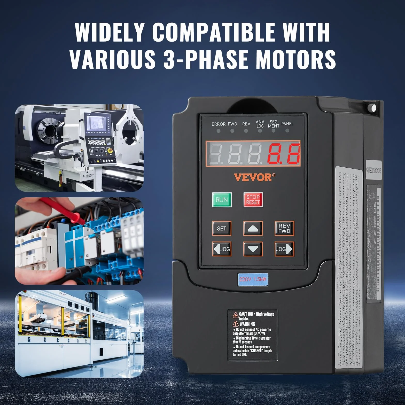 VEVOR VFD 2PS, 1,5 kW, 7,5 A, wejście 220 V jednofazowe trójfazowe wyjście 220 V trójfazowy napęd o zmiennej częstotliwości, wejście 40-60 Hz, wyjście 0-400 Hz VFD do sterowania prędkością CNC Silnik