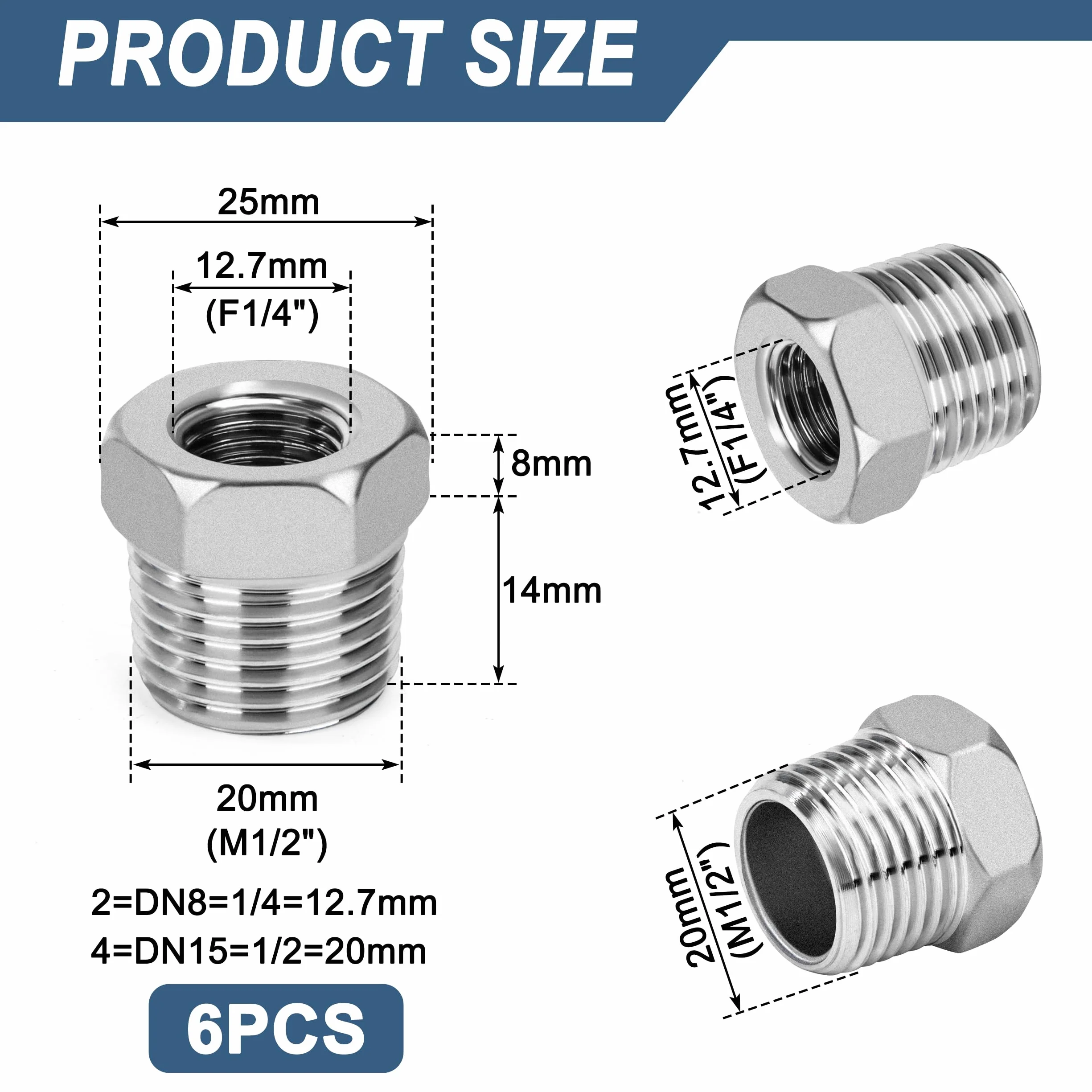 Złączka gwintowana ze stali nierdzewnej 1/2" męskie x 1/4" żeńskie 6 sztuk akcesoria do rur