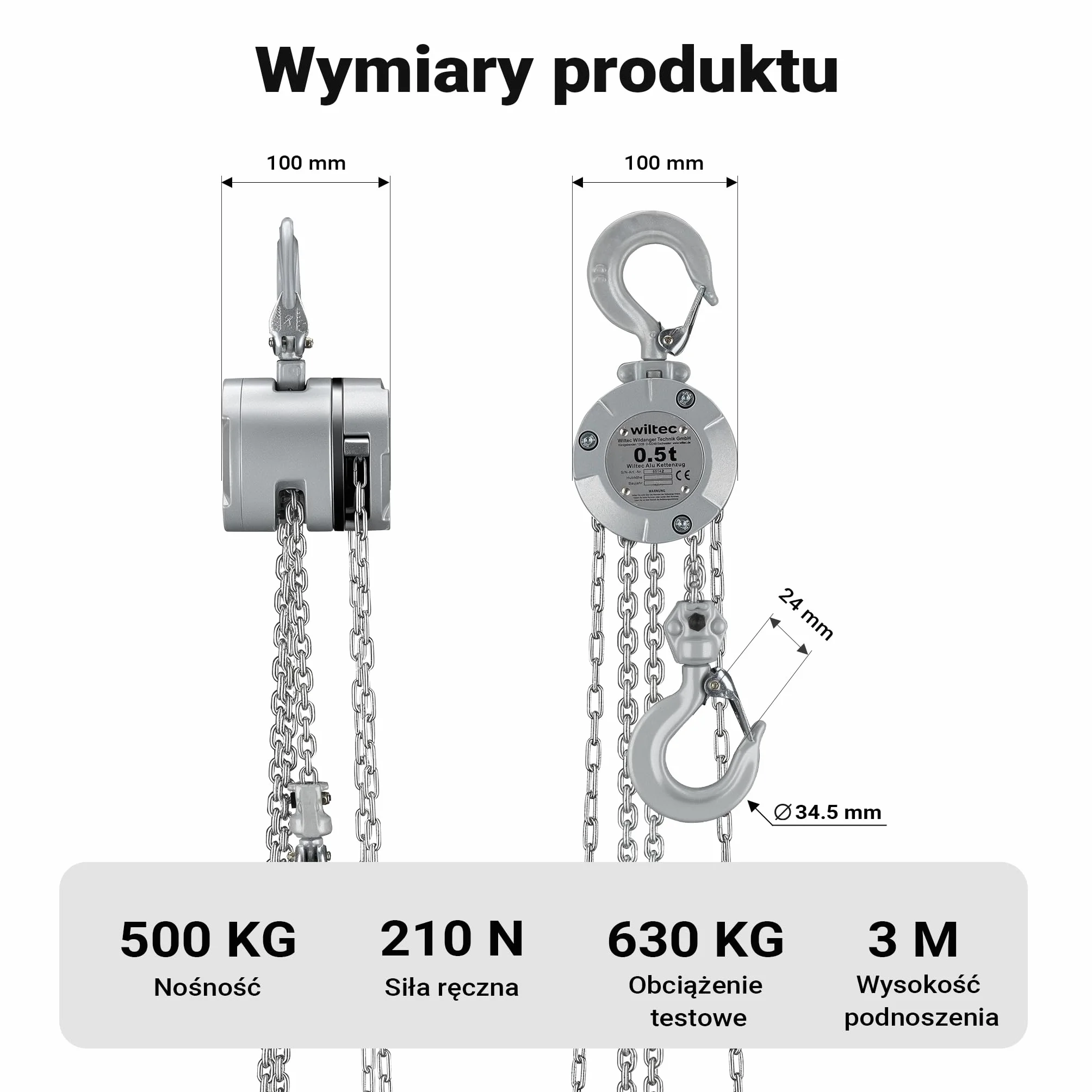 Wiltec Wciągnik łańcuchowy 500 kg G100 3 m ocynkowany łańcuch aluminium uszczelniona przekładnia