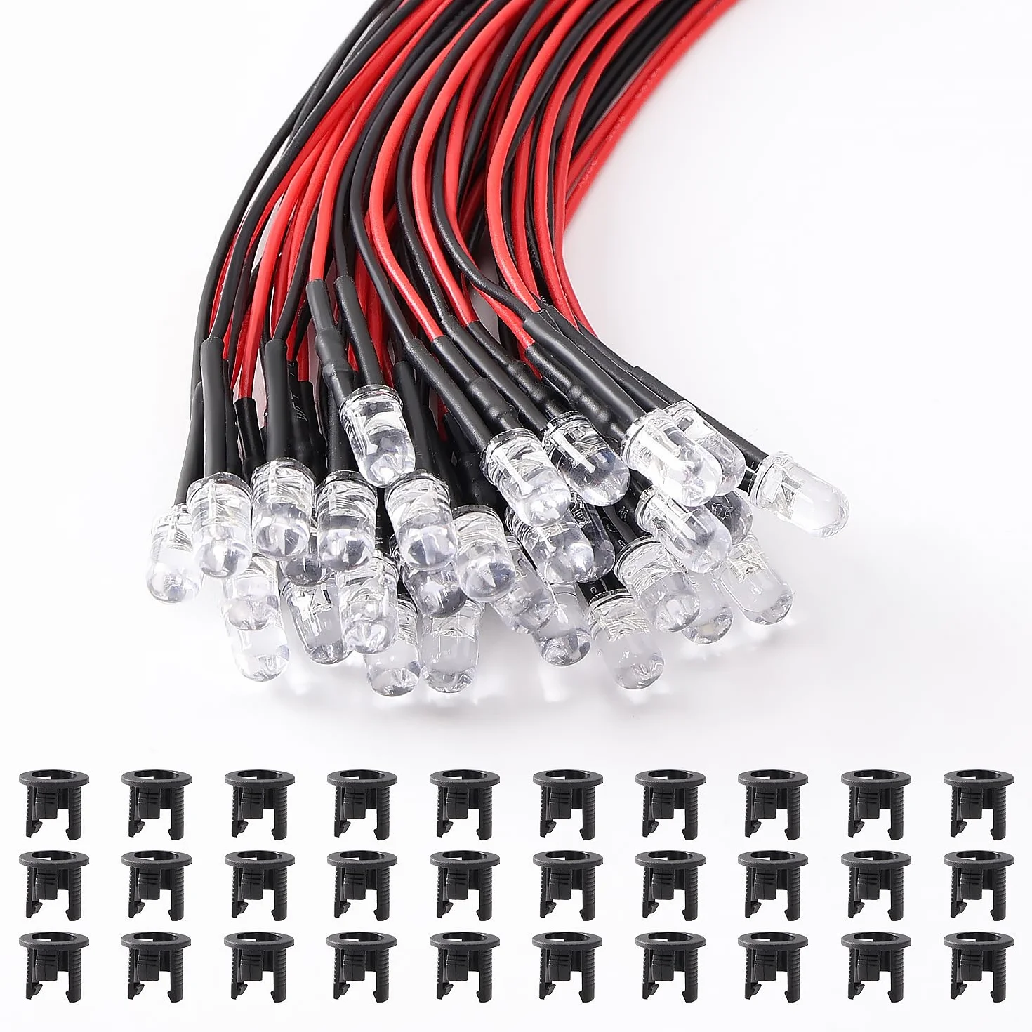30 Sztuk 5mm 12V Przewodowe Diody LED Światło, Czerwony, 20cm Przewodowe Diody LED + 30 Sztuk 5mm Plastikowy Uchwyt