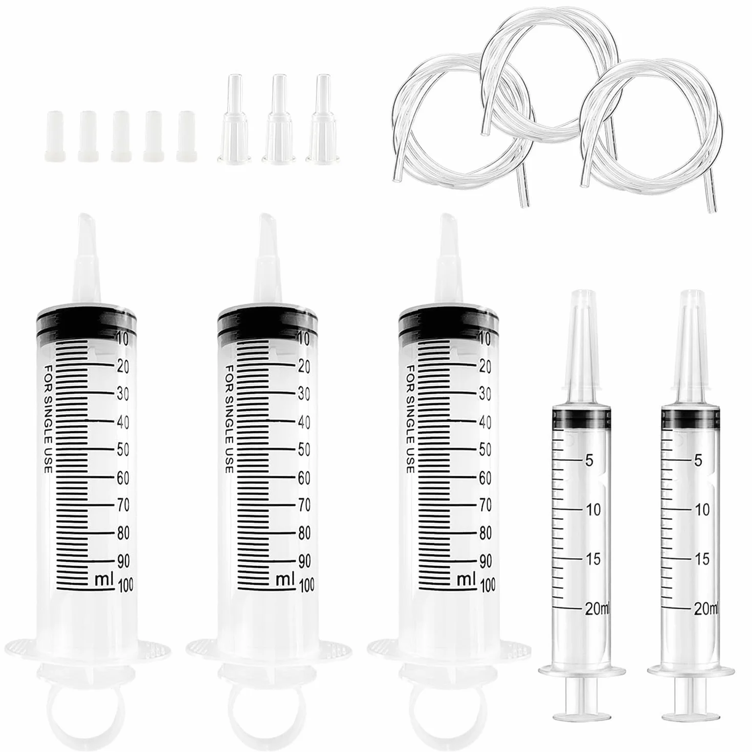 Zestaw 8 strzykawek, 3 strzykawki 100 ml + 2 strzykawki 20 ml + 3 tubki strzykawkowe, przezroczyste, strzykawki wielokrotnego użytku, do ogrodu