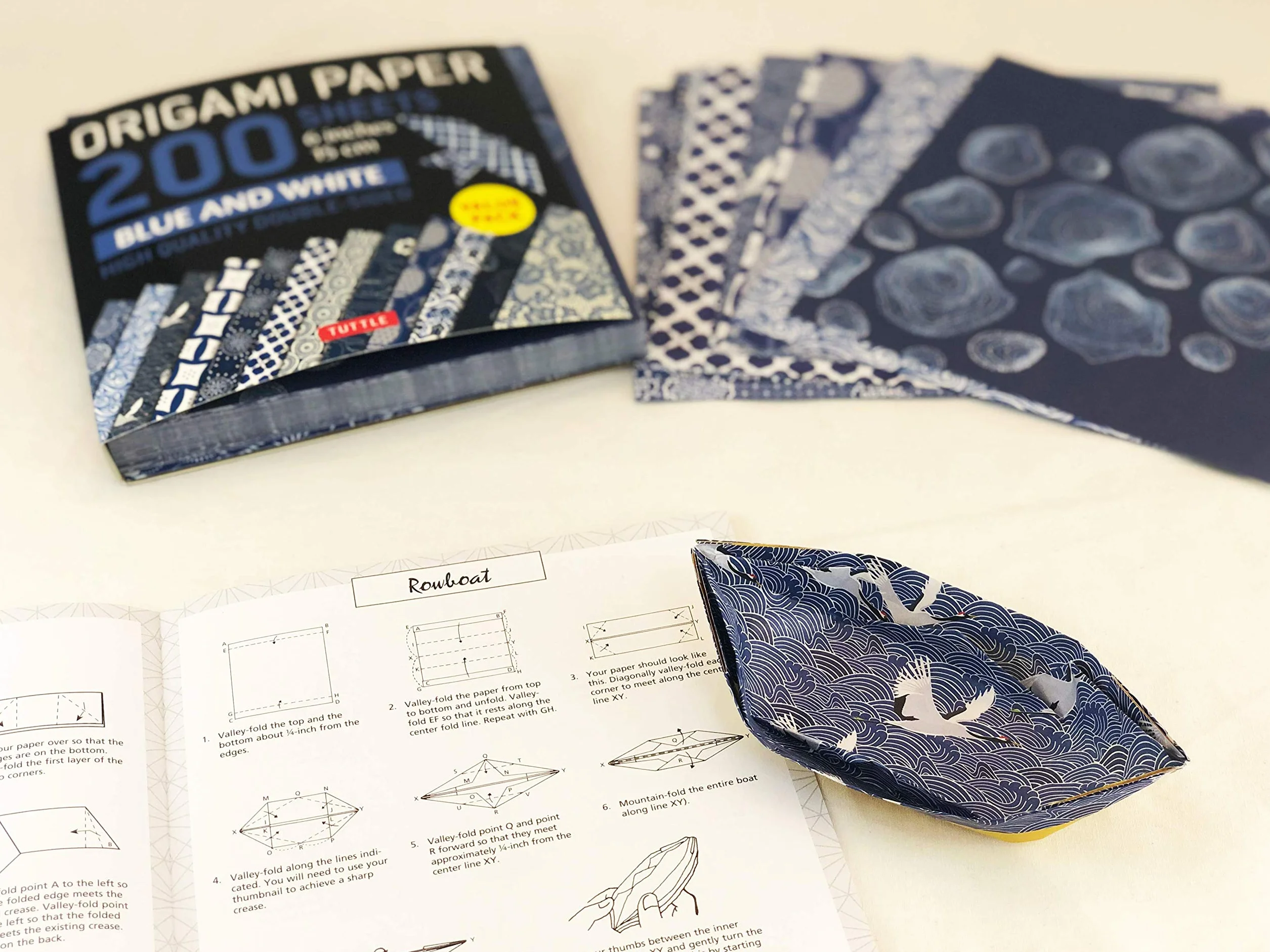Origami Paper 200 Sheets 6" (15 cm) Double Sided Blue White Patterns 12 Designs