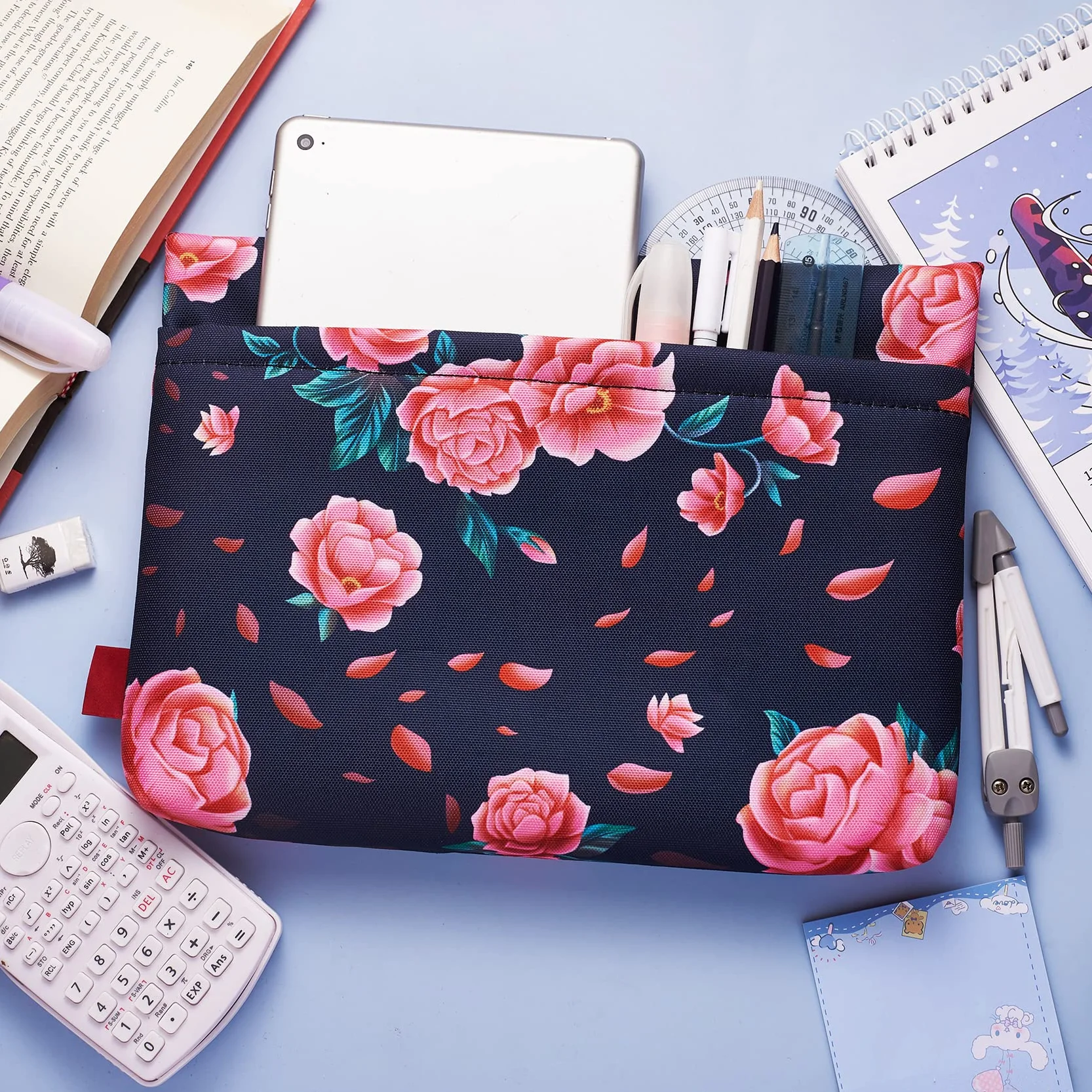 Camellia Kwiatowy pokrowiec na książki, etui na książki w miękkiej okładce, rękawy na książki z wyściełanym zamkiem błyskawicznym, 39 x 25 cm