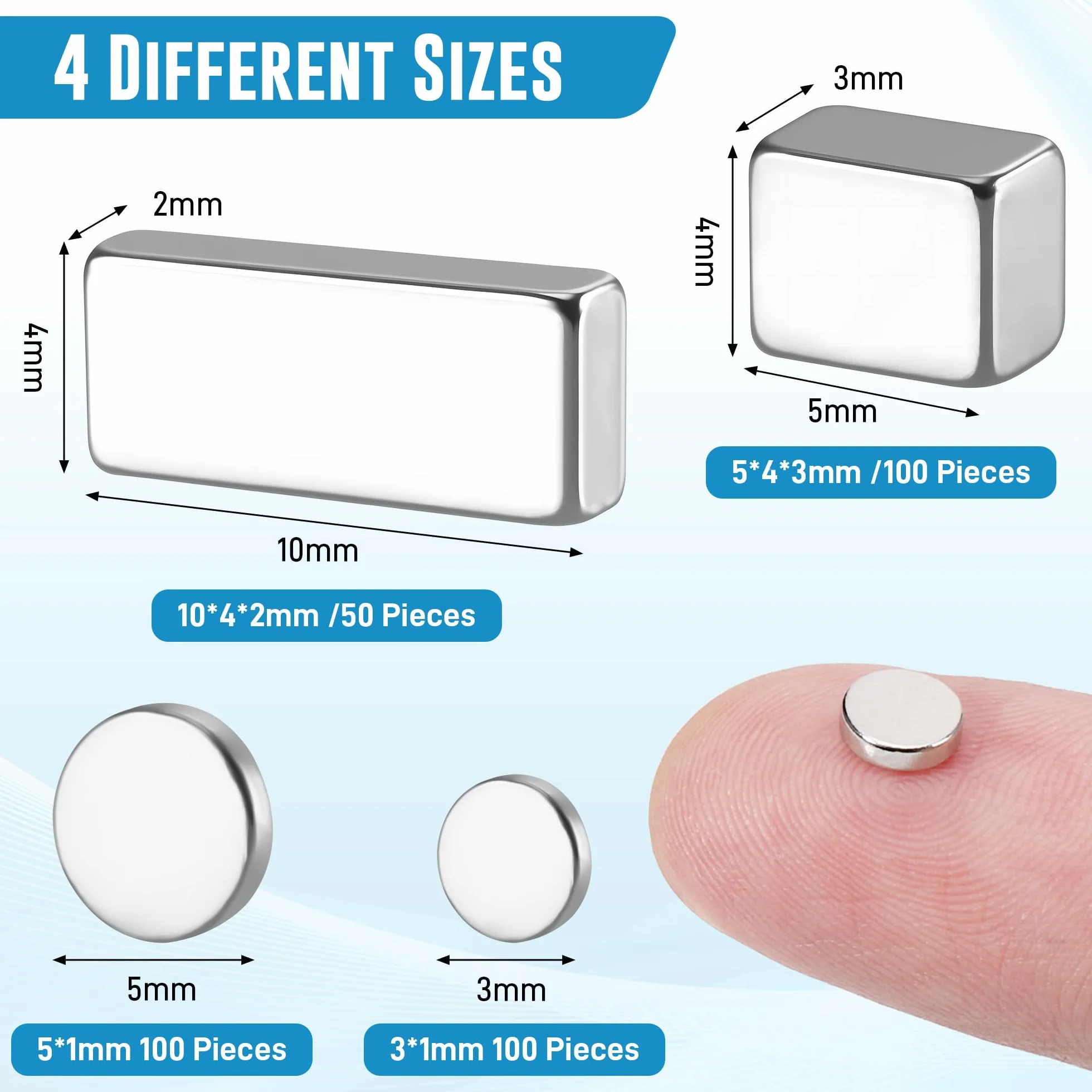 JIANTA 350 sztuk magnesów neodymowych, 4 rozmiary 10 x 4 x 2 mm, 5 x 4 x 3 mm, 5 x 1 mm, 3 x 1 mm, okrągłe + prostokątne, mocne małe magnesy na lodówkę, biuro, tablicę, rękodzieło
