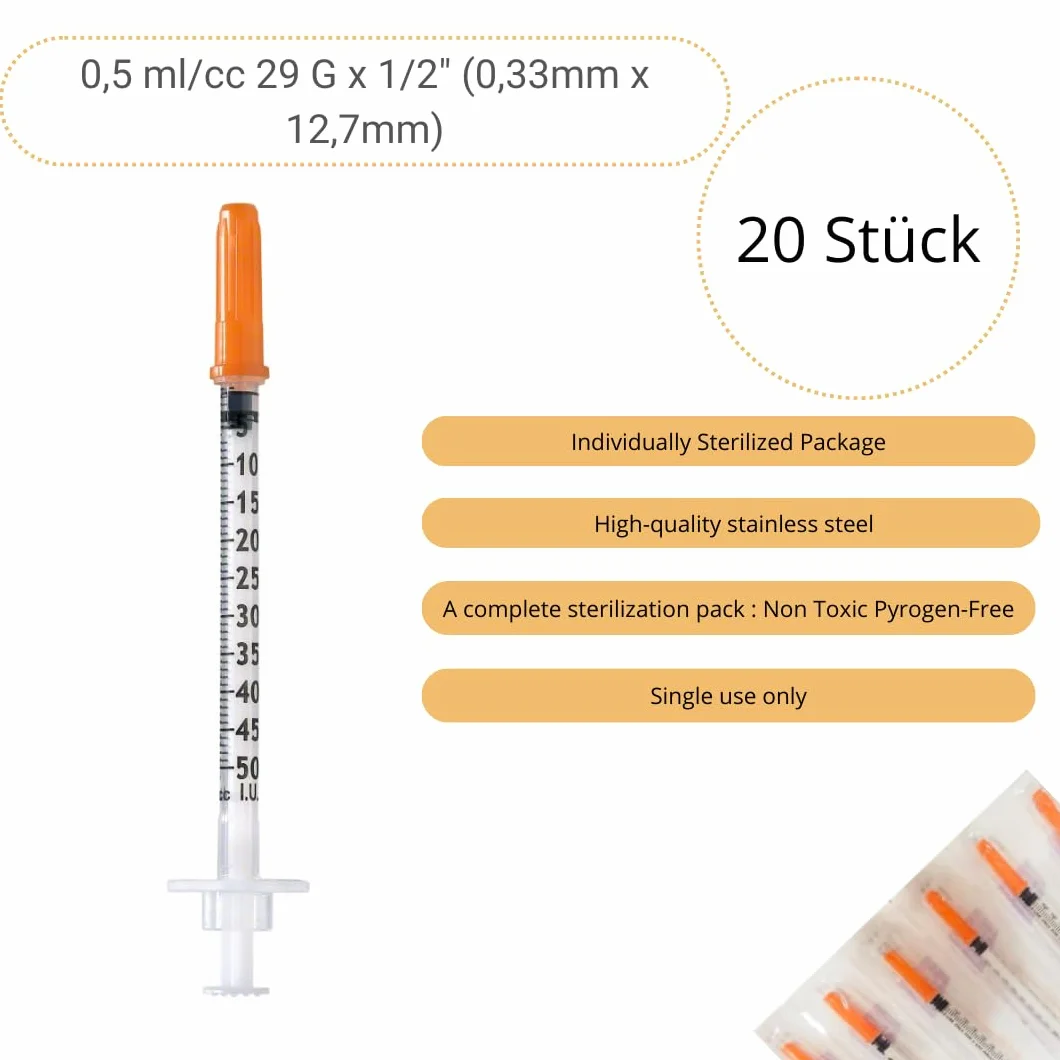 20 probówek plastikowych 0,5 ml/cm³ 29G (0,33 x 12,7 mm), uniwersalne narzędzia pomiarowe, akcesoria laboratoryjne, pakowane pojedynczo