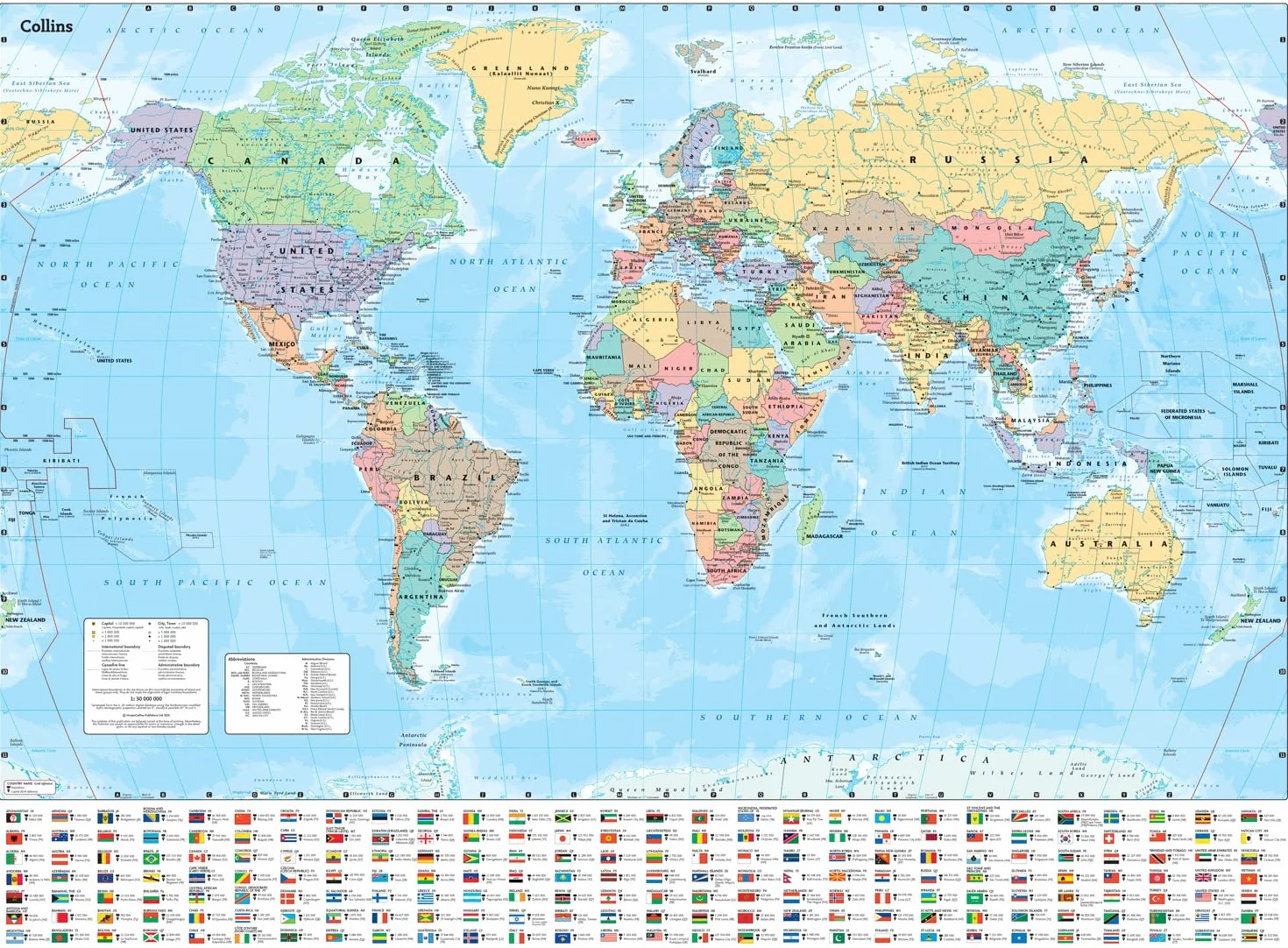 Collins Large World Wall Paper Map 70 x 91.5 cm with Flags