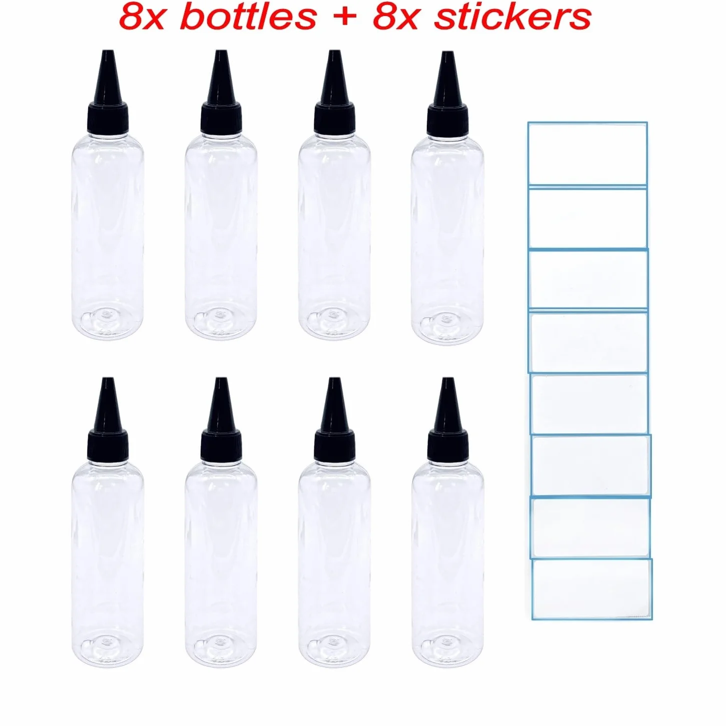 JZK 8 x squeezable plastikowe butelki Dropper Bottles 100 ml + 8 x wodoodporne etykiety do projektów związanych z sztuką płynów i e-płynów