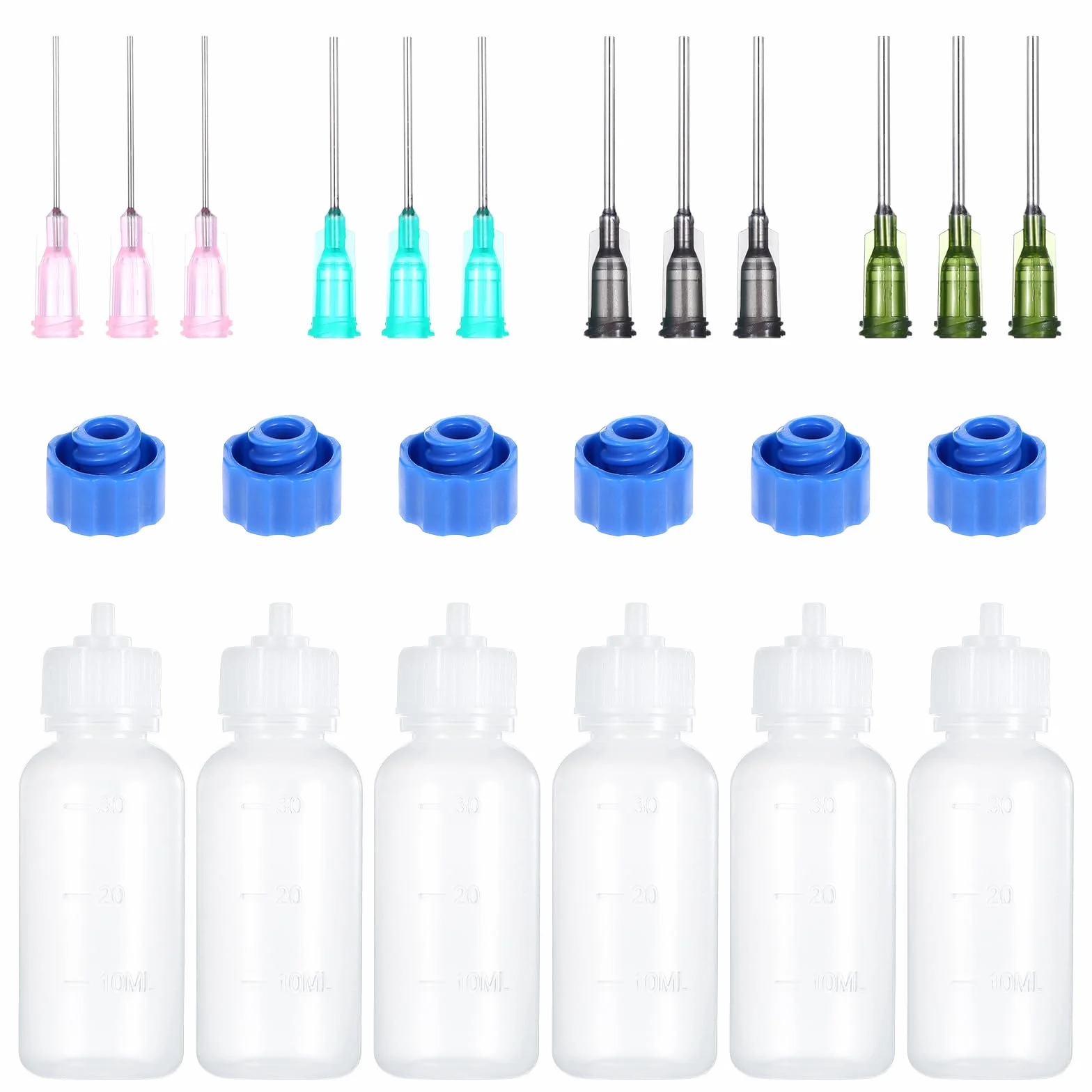 YUXIANLB 6 szt. butelek do wyciskania z końcówką igłową, butelki z aplikatorem kleju, 30 ml plastikowe butelki z kroplomierzem 14ga 16ga 18ga 20ga tępe igły do kleju, płynów, farb