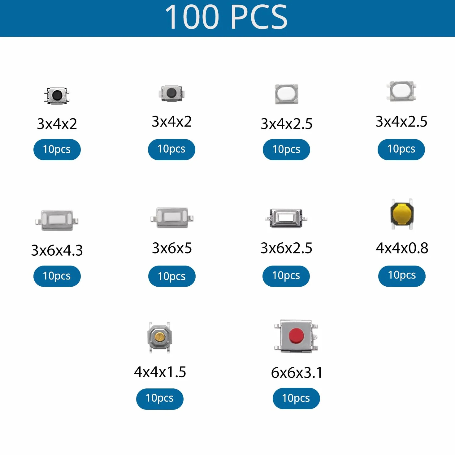 VooGenzek 100 Sztuk 10-Wartościowy Przełącznik Dotykowy Micro Chwilowy Zestaw Asortymentowy, do Telewizora Audio Remote Key Cameras Komputery