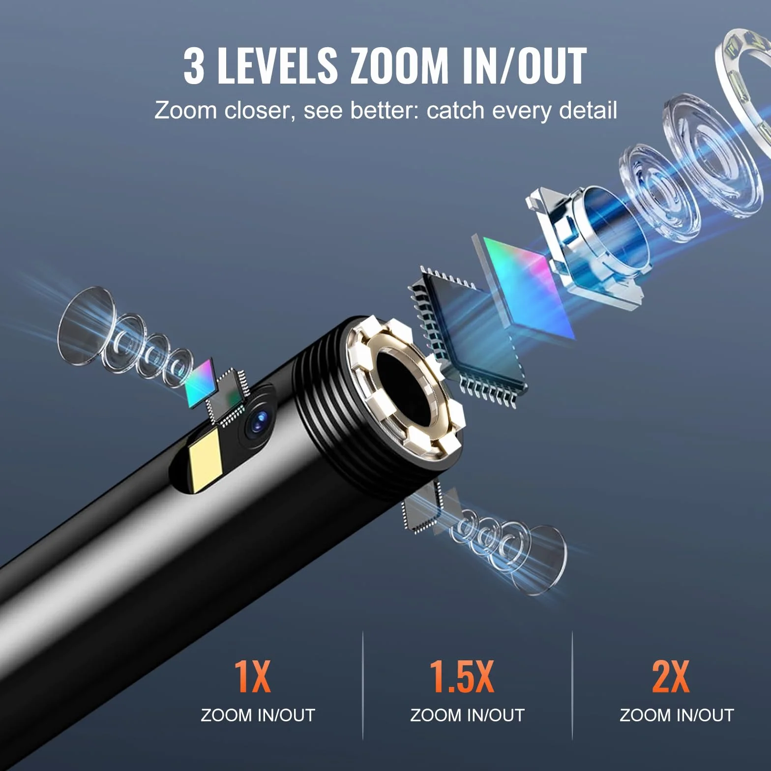 VEVOR Aparat endoskopowy, potrójna soczewka, endoskop z półsztywnym kablem o długości 15 m, ekran 12,7 cm, kamera inspekcyjna 1080p, 8 + 2 diody LED, wodoszczelność IP67, kamera wężykowa do samochodu,