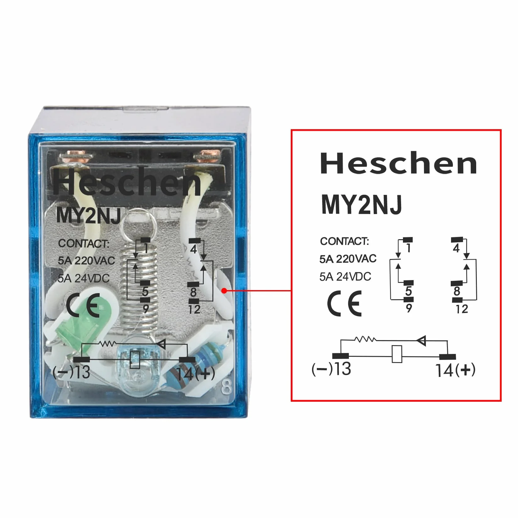 Heschen Gereral przekaźnik MY2NJ 12 V DC cewka 5 A 24 V DC/220 V AC DPDT wskaźnik LED 8-pinowy zacisk