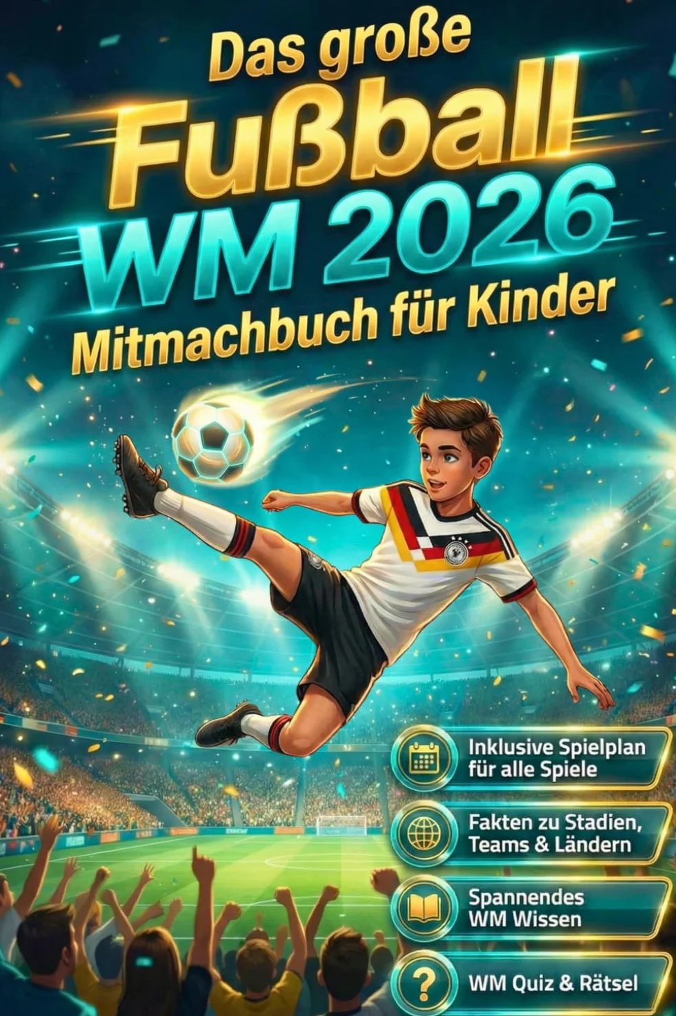 Das große Fußball WM 2026 Mitmachbuch für Kinder: Spielpläne führen, Stadien & Länder entdecken, WM-Quiz und coole Rätsel lösen – das perfekte Geschenk für kleine Fußballfans