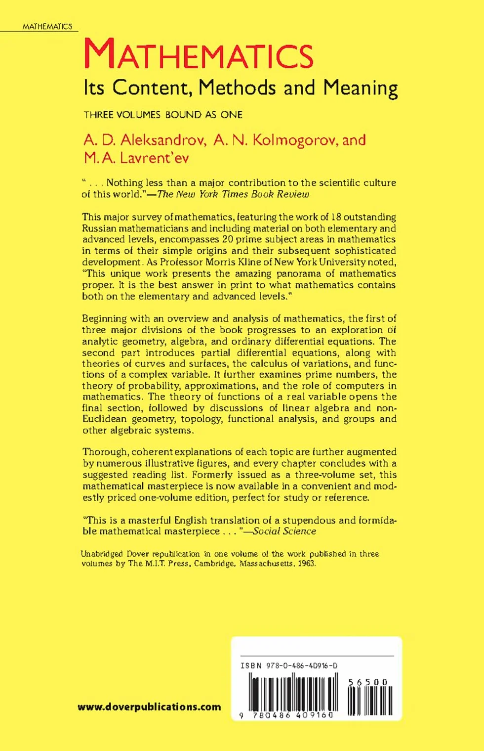 Mathematics: Its Content, Methods and Meaning