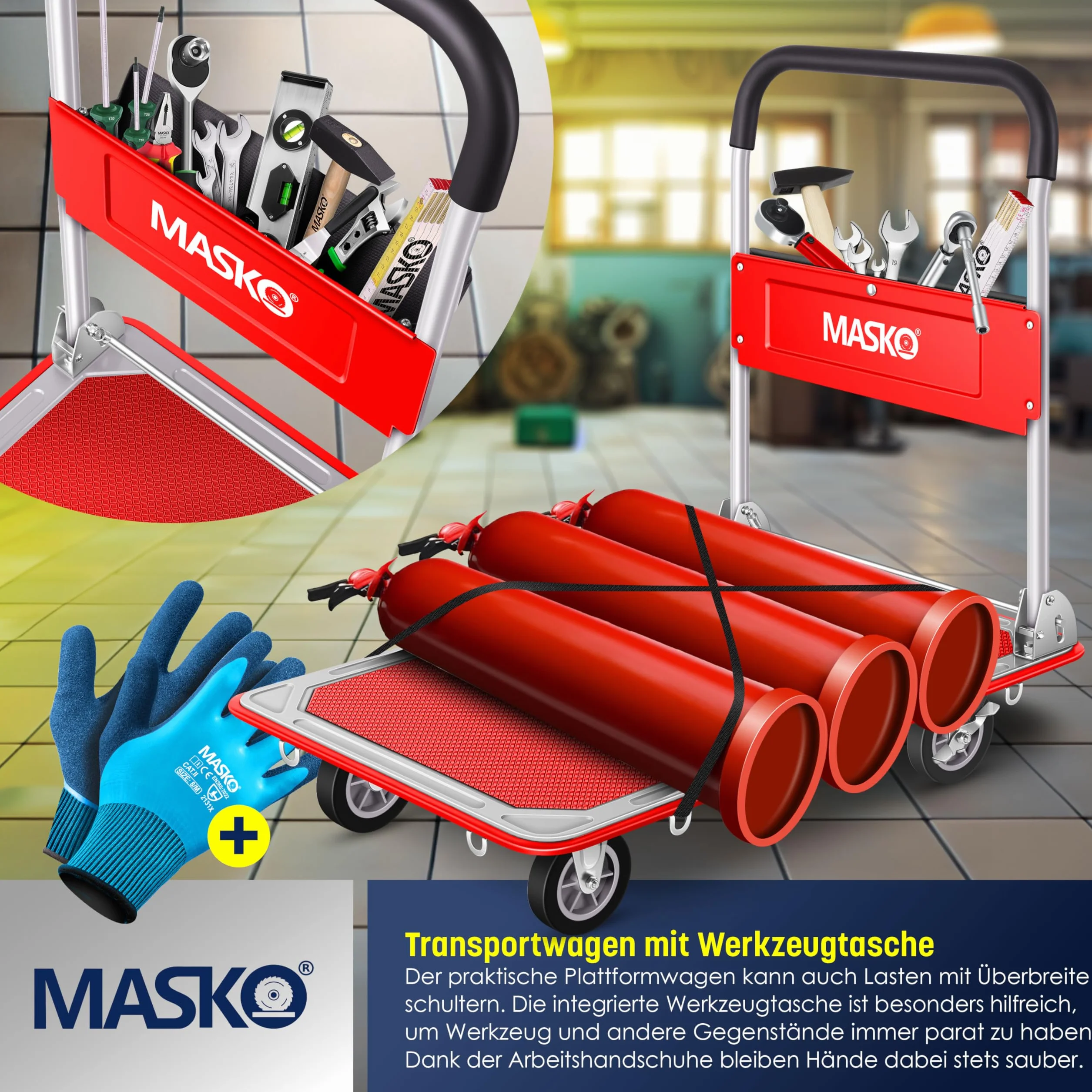 MASKO® Wózek z Platformą Transportowy, Składany z Rękawicami Roboczymi, Hamulec Postojowy, 6 Oczek Zabezpieczających, Kółka Skrętne 360°