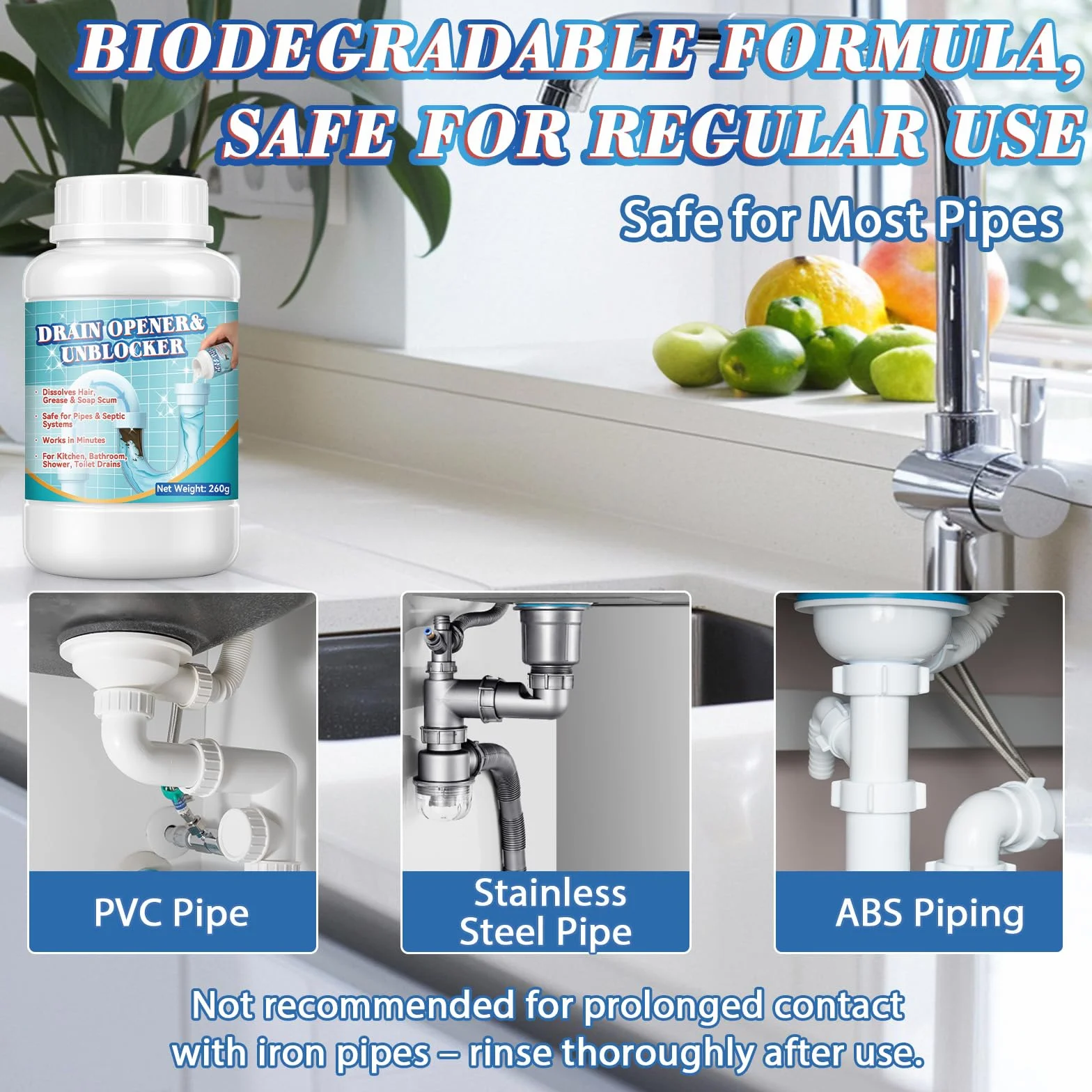 Środek do czyszczenia odpływów w proszku 260 g, bezpieczny dla rur