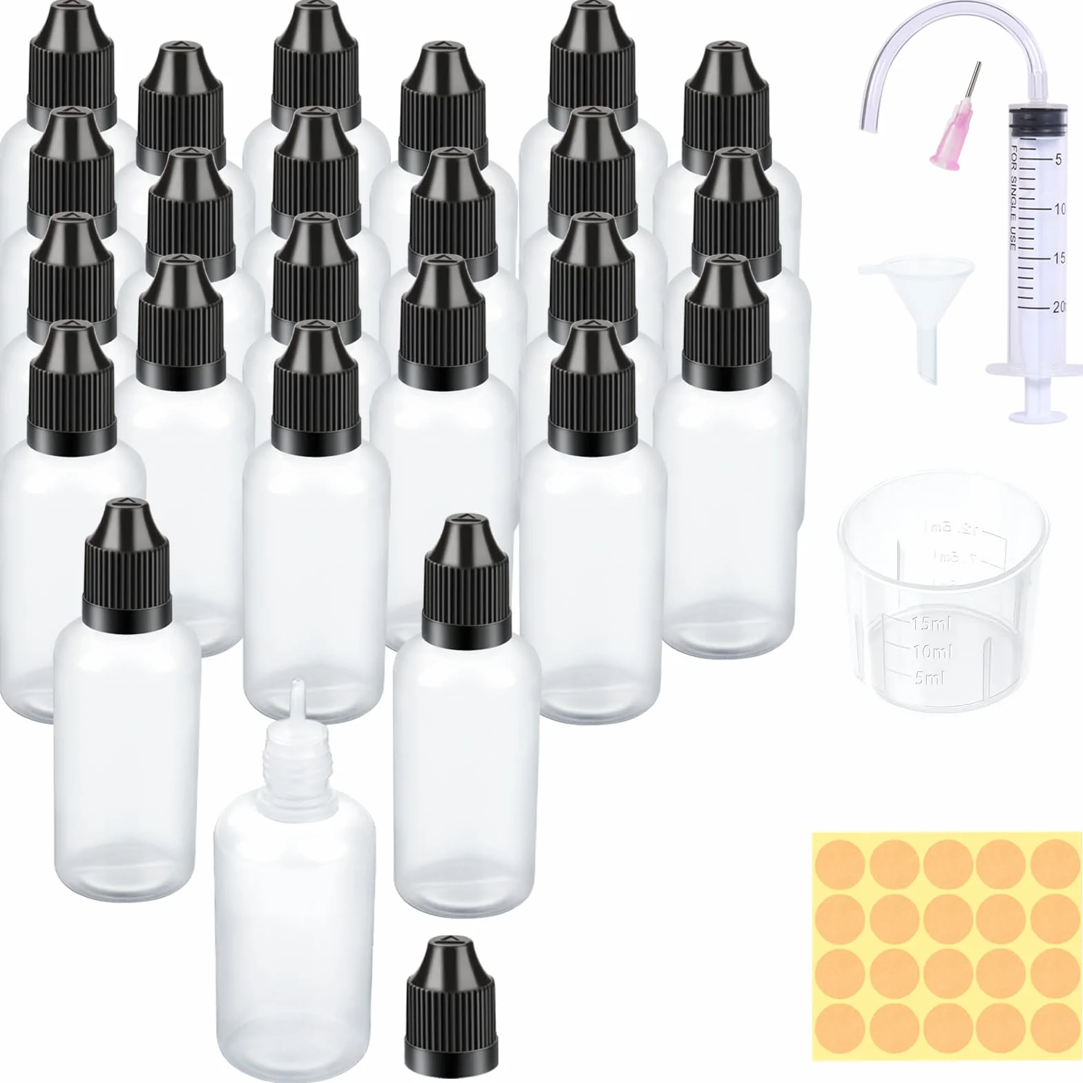 Butelki na płyny 30 ml z kroplomierzem plastikowe 24 sztuki z pokrywką zabezpieczającą przed dziećmi