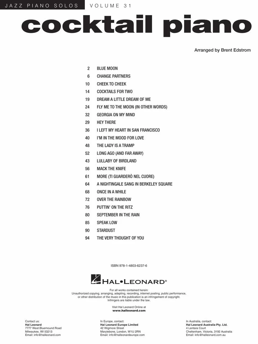 Cocktail Piano Jazz Piano Solos Series Vol. 31 Smooth Jazz Sheet Music for Solo Piano 23 Timeless Standards for Lounge Cocktail Hour and Performances Hal Leonard Songbook