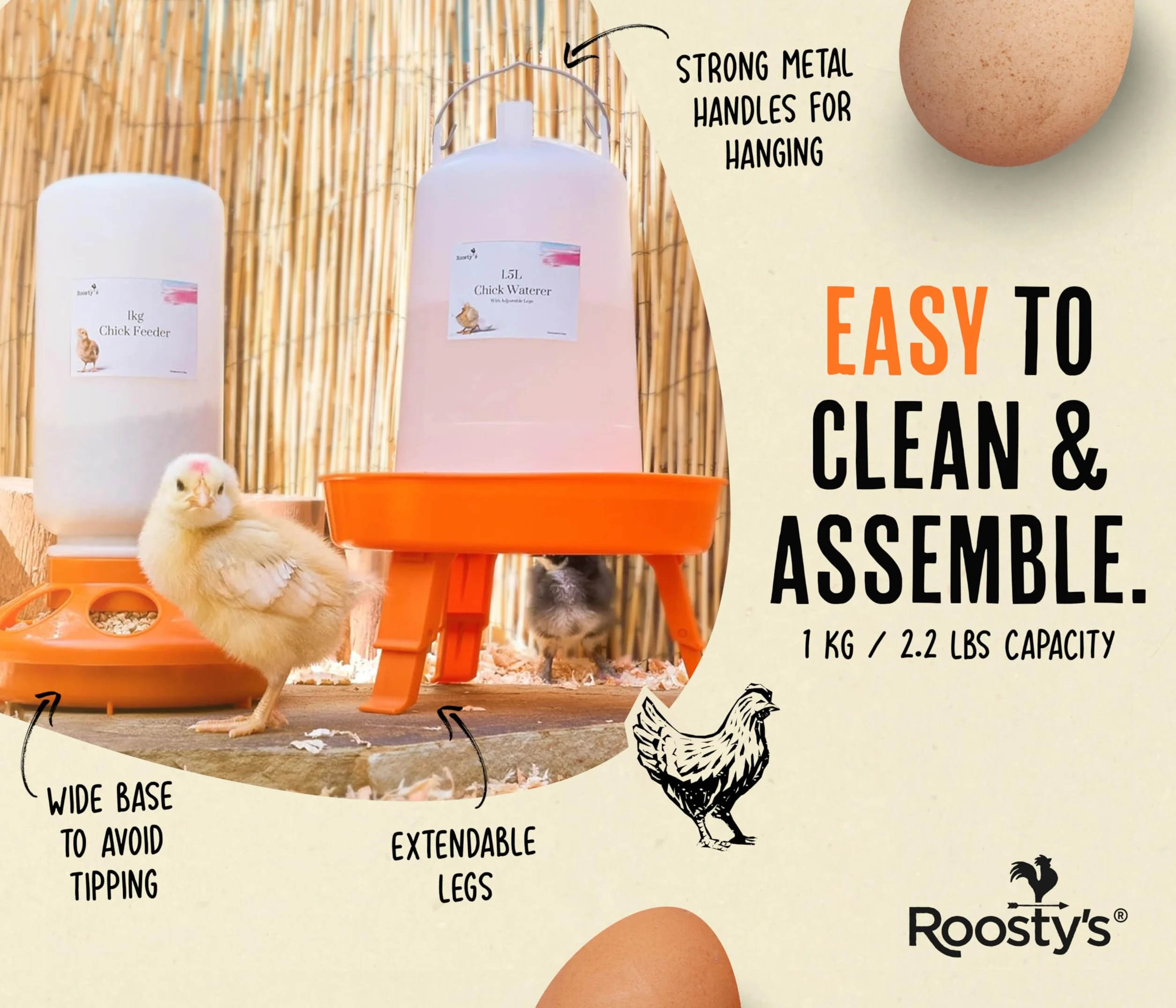 Roosty's zestaw karmnik i poidło dla kurczaków, 1 l, podajnik pokarmu dla kurczaków, 1,5 l, karmnik dla kurczaków i wiszące poidło do kurcząt, karmnik dla kaczek, karmnik dla przepiórek, zestaw