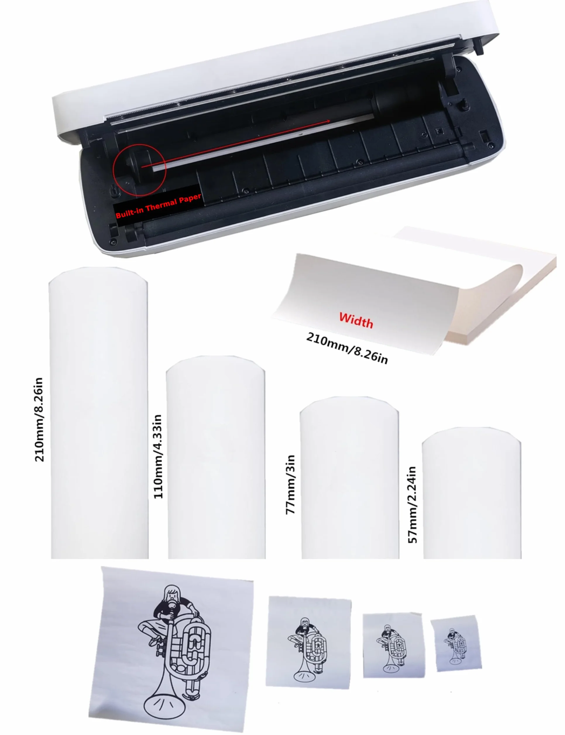 Mini Drukarka A4 - Bezatramentowa Przenośna Drukarka Termiczna Bluetooth 5.2 200 Dpi, Bezprzewodowa Maszyna Drukarska z możliwością ładowania Przez USB z 7 Rozmiarami Wydruku do