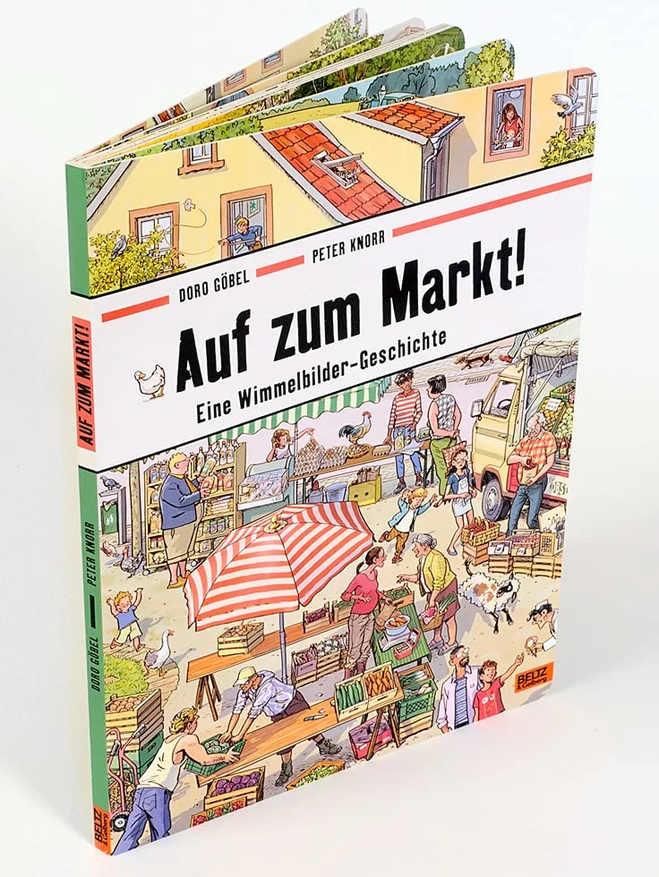 Auf zum Markt!: Eine Wimmelbilder-Geschichte. Vierfarbiges Pappbilderbuch