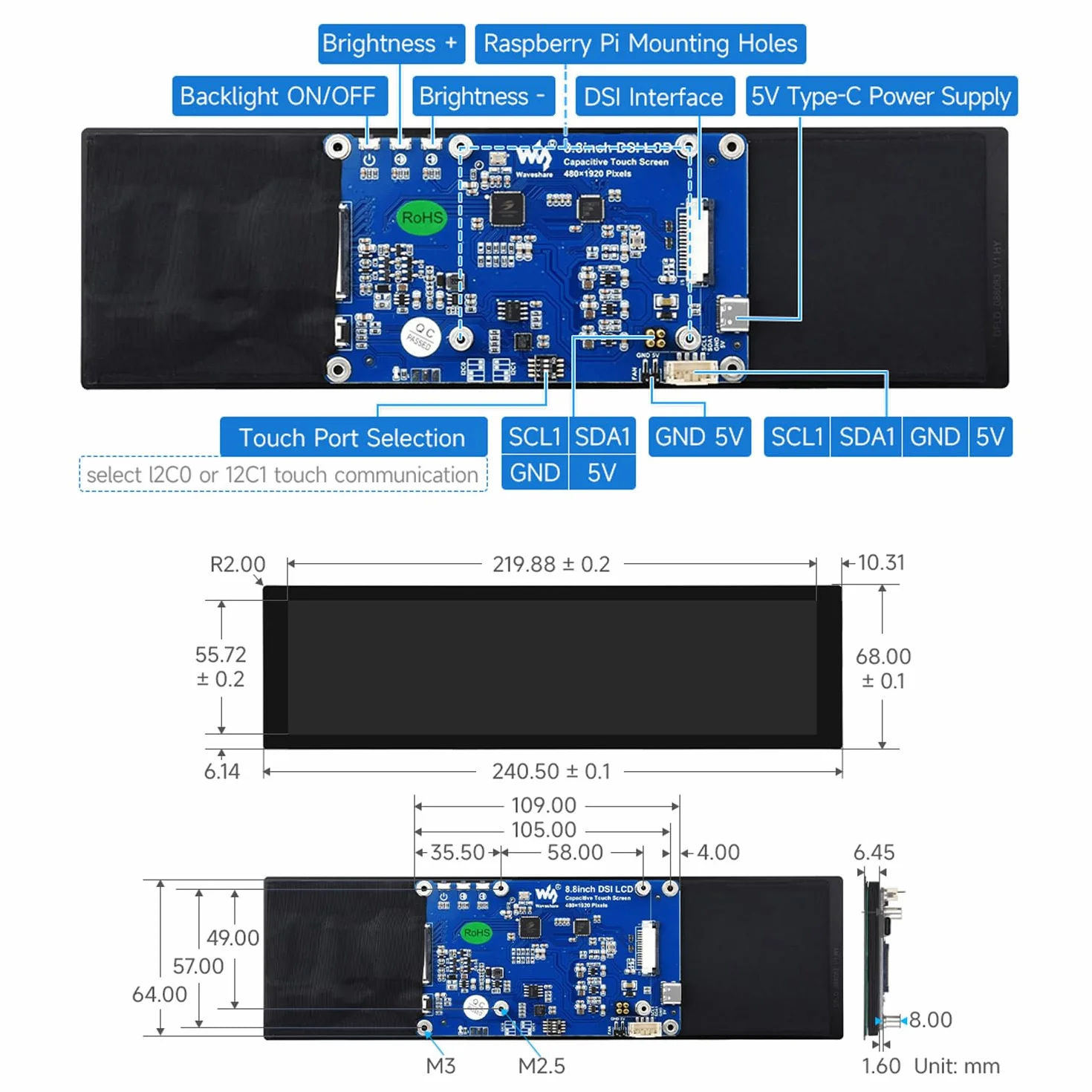 Waveshare 8.8 inch DSI Display Capacitive Touch Screen, Compatible with Raspberry Pi 5/4B/3B/CM3/3+/4/5, 480 × 1920 IPS Panel, 178° Wide Viewing Angle, DSI Display Interface