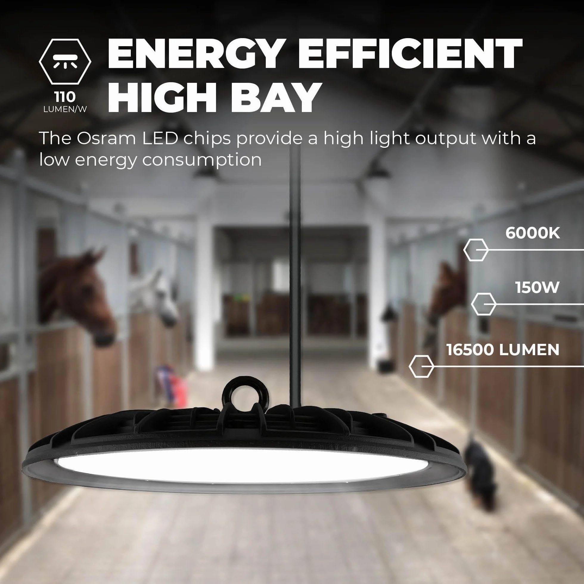 Ledvion - LED High Bay, IP65, 150 W, 110 lm/W, zimna biel, 6500 K, lampy sufitowe, oświetlenie garażu, oświetlenie robocze, fabryka, magazyn