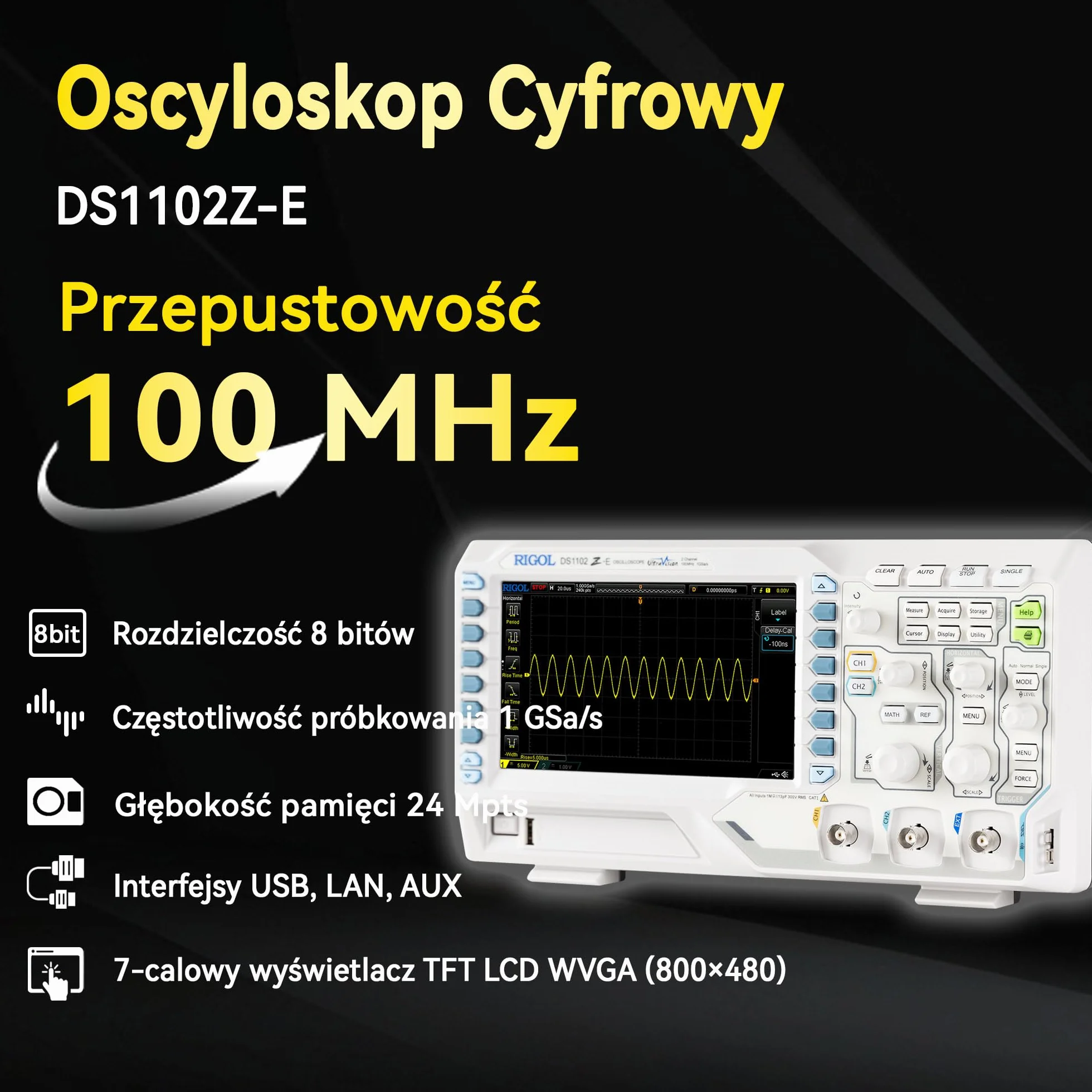 RIGOL Oscyloskop,DS1102Z-E Cyfrowy Oscyloskop,100 MHz,2A kanały+EXT,7-calowy ekran fluorescencyjny HD,Wysoka opłacalność,Idealny do badań,napraw i nauczania laboratoryjnego
