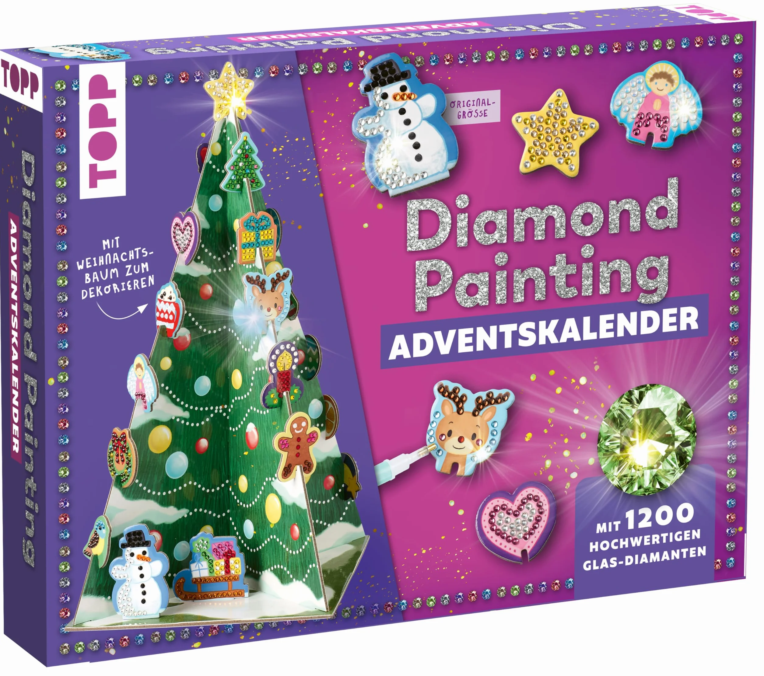 Weihnachtszauber - Der Diamond-Painting-Adventskalender. Mit Material und Werkzeug für 24 Baumanhänger: Aufstellbaum (30 cm), Werkzeug und 1200 Diamanten aus Glas in 19 Farben für 24 Anhänger