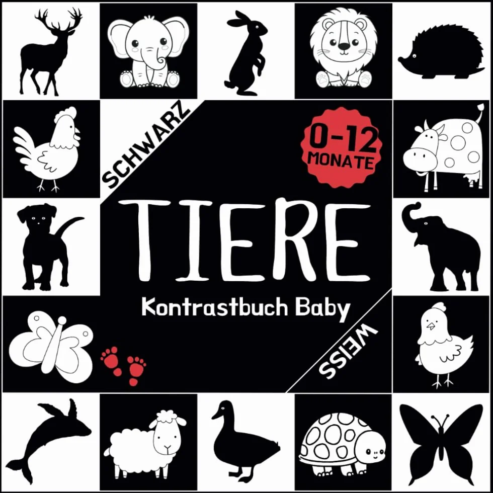Kontrastbuch Baby: Tiere | Erste Einfache Schwarz-Weiss-Bilder Für Die Visuelle Entwicklung Von Babys | Montessori-Buch Für Säuglinge Ab 0-12 Monaten