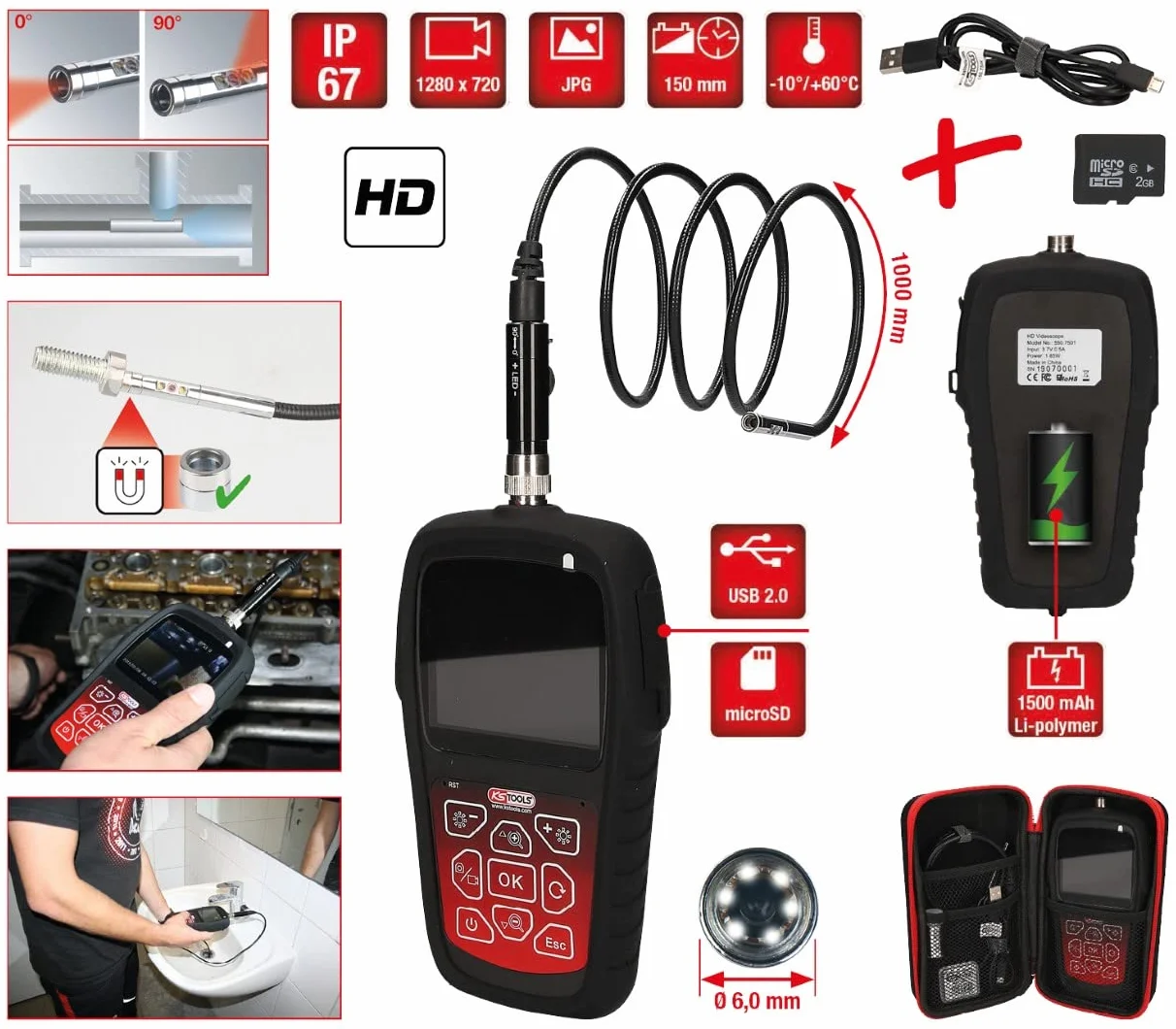 KS Tools 550.7500 Zestaw wideoskop HD Ø 6,0 mm 0° i 90° sonda z kamerą przednią HD, 5-szt