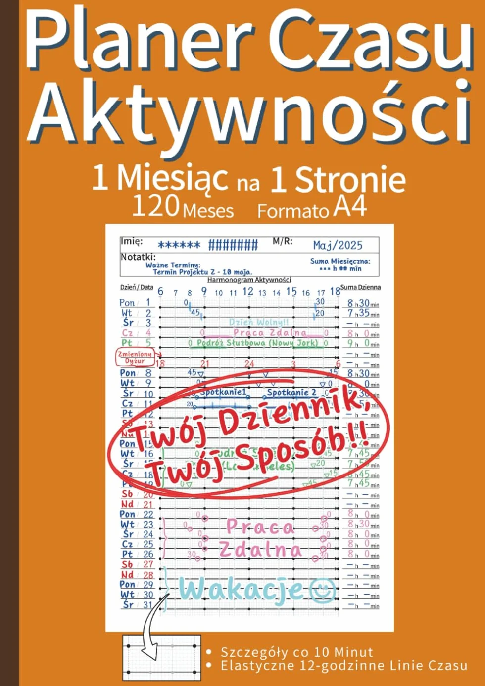Planer Czasu Aktywności A4 Miesięczny Widok 1 Strona 120 Miesięcy 10 Lat Niedatowany Dziennik Pomarańczowy