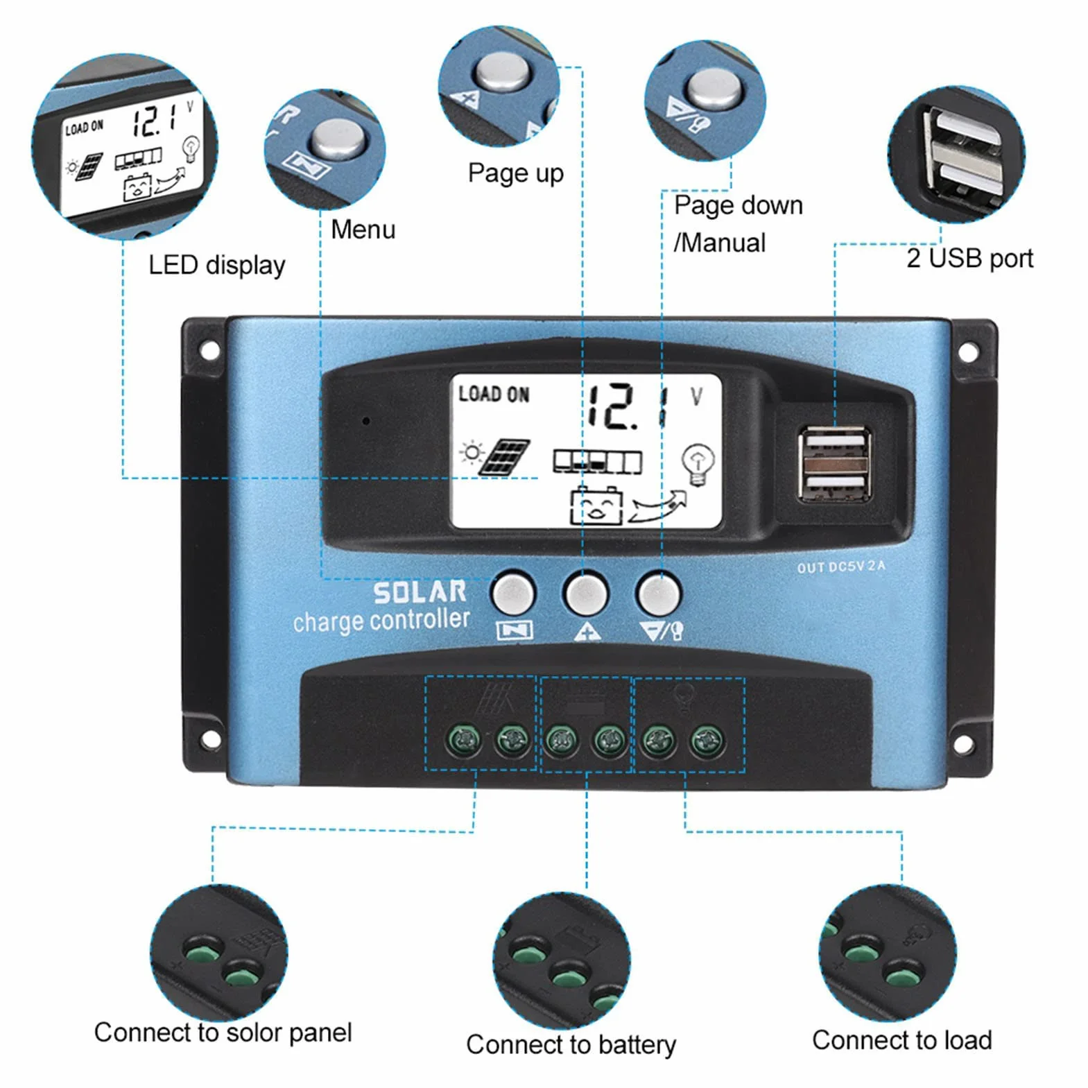 Akozon Solar Charge Controller MPPT Podwójny wyświetlacz LCD USB Ładowarka baterii słonecznej 60A