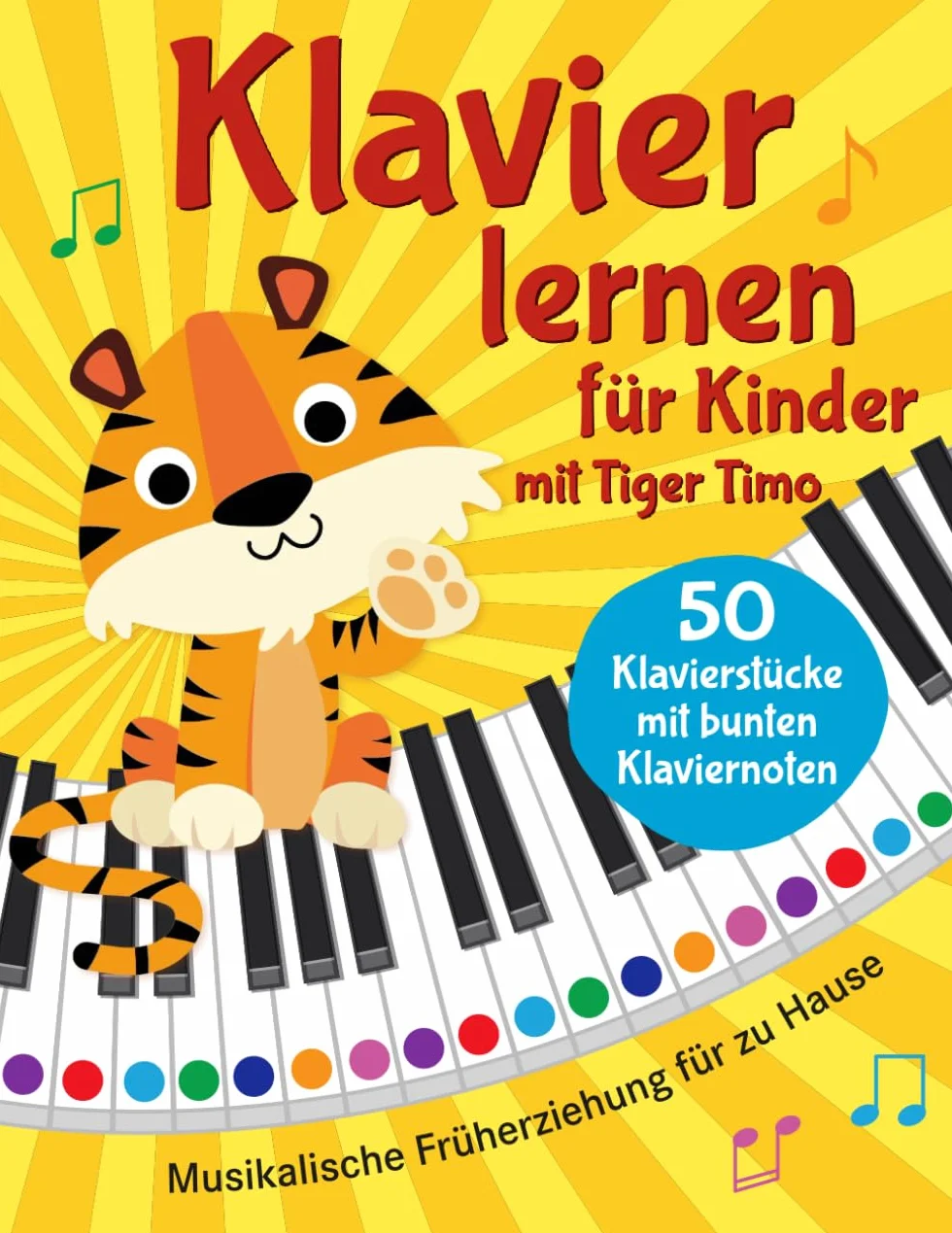 Klavier lernen mit Tiger Timo: 50 Klavierstücke für Kinder mit bunten Klaviernoten – Musikalische Früherziehung für zu Hause mit Rätsel-Spaß, Tasten-Schablonen zum Ausschneiden und Audio-Downloads