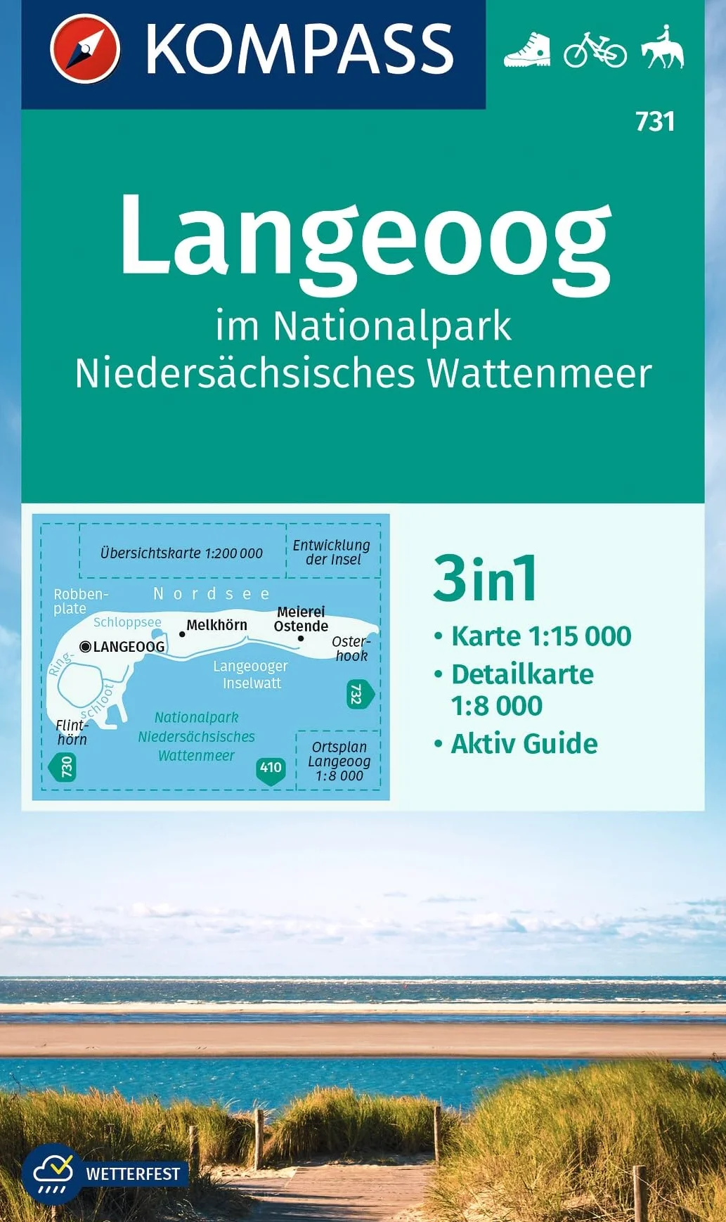 KOMPASS Wanderkarte 731 Langeoog 1:15.000 3in1 Aktiv Guide Detailkarte