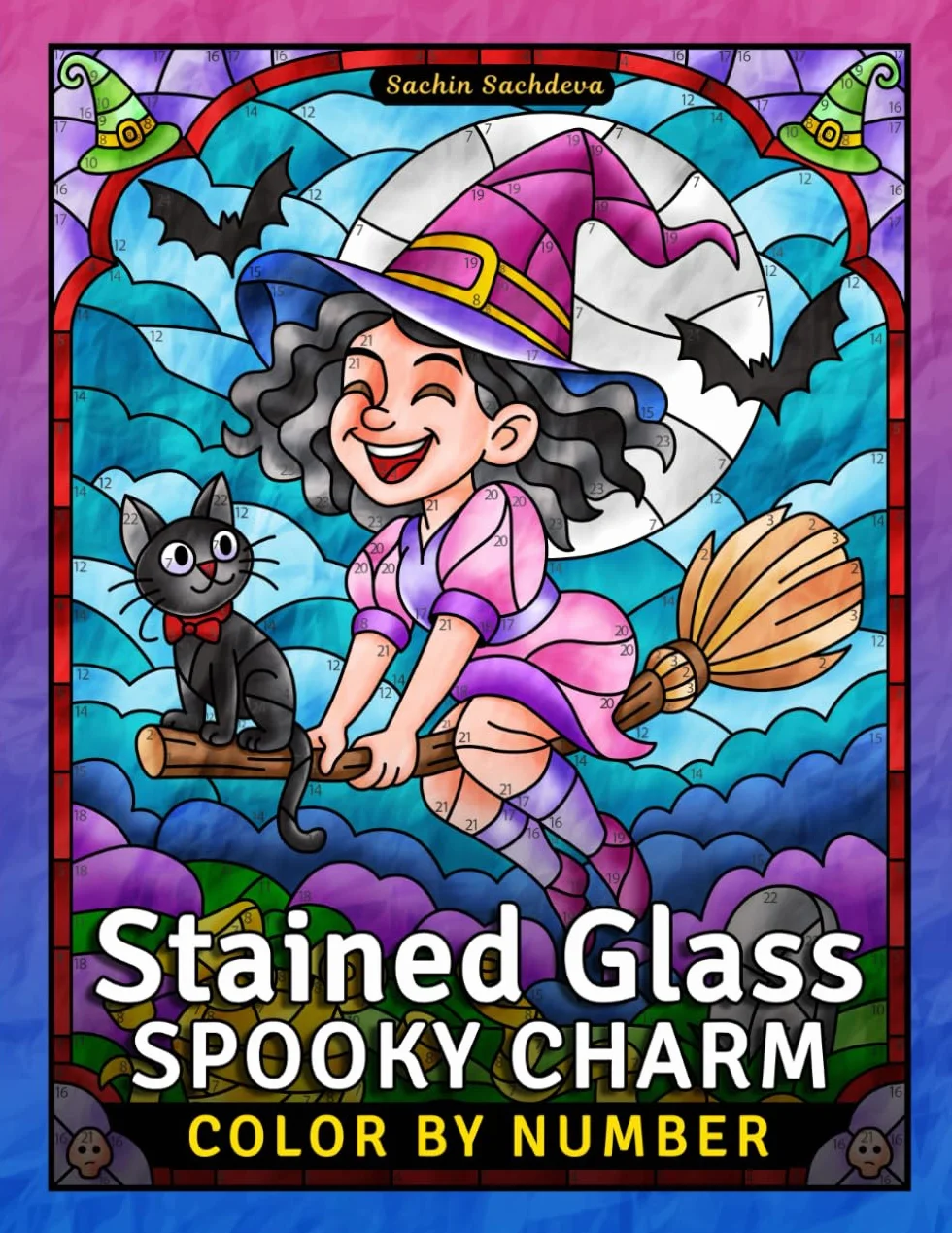 Halloween Color by Number Coloring Book for Teens and Adults: Stained Glass Spooky Charm Window Designs