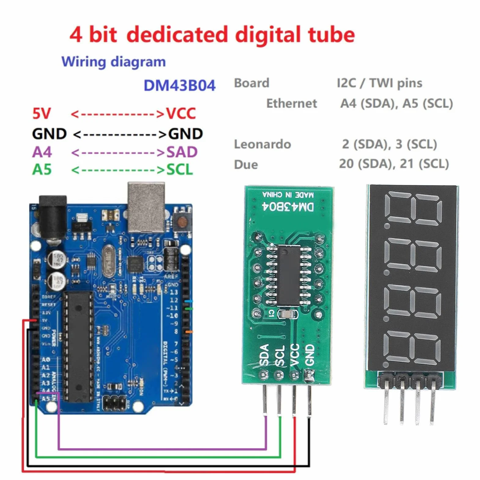 4-Cyfrowy 7-segmentowy 4-Cyfrowy I2C, moduł LED LED Cyfrowy moduł Wyświetlacza moduł Rurowy moduł Wyświetlacza LED Interfejs I2C DC 5V/3.3V DM43B04