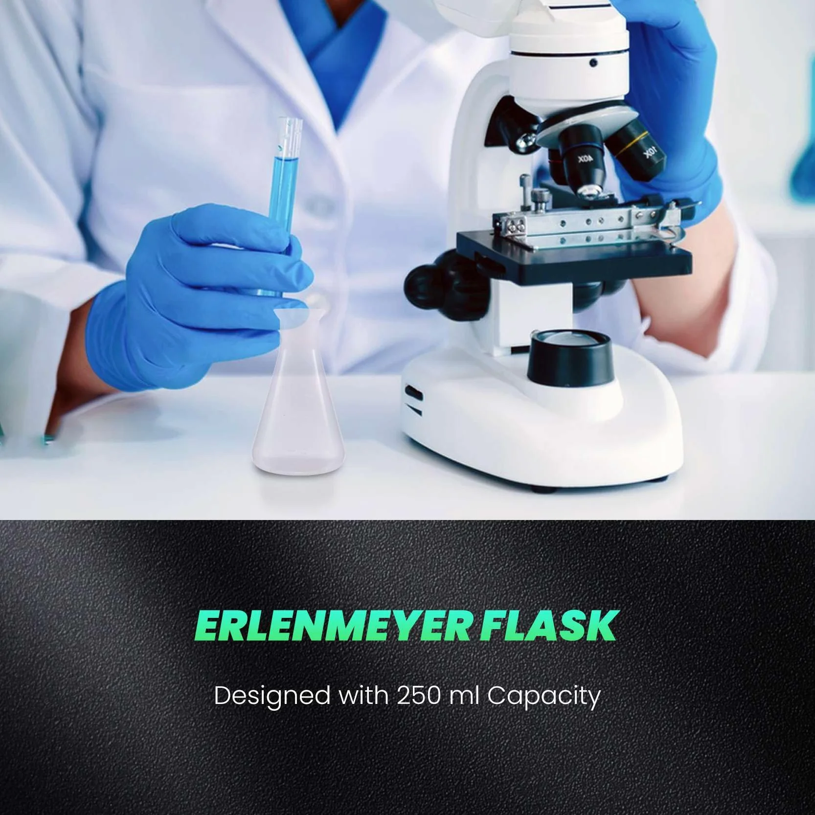 Tworzywo sztuczne, przezroczyste, laboratoryjne, chemiczne kolby Erlenmeyera, butelka, 250 ml