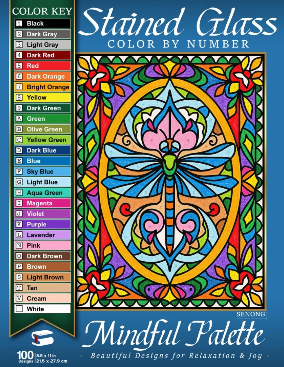 Mindful Palette Stained Glass Color by Number: 100 Beautiful Designs for Relaxation & Joy