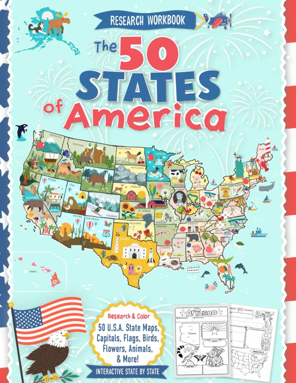 The 50 States of America: A Research Workbook for Kids - Learn USA Geography & State Symbols - Color and Discover All 50 States Maps, Capitals, Flags, Birds, Flowers, Trees, Animals
