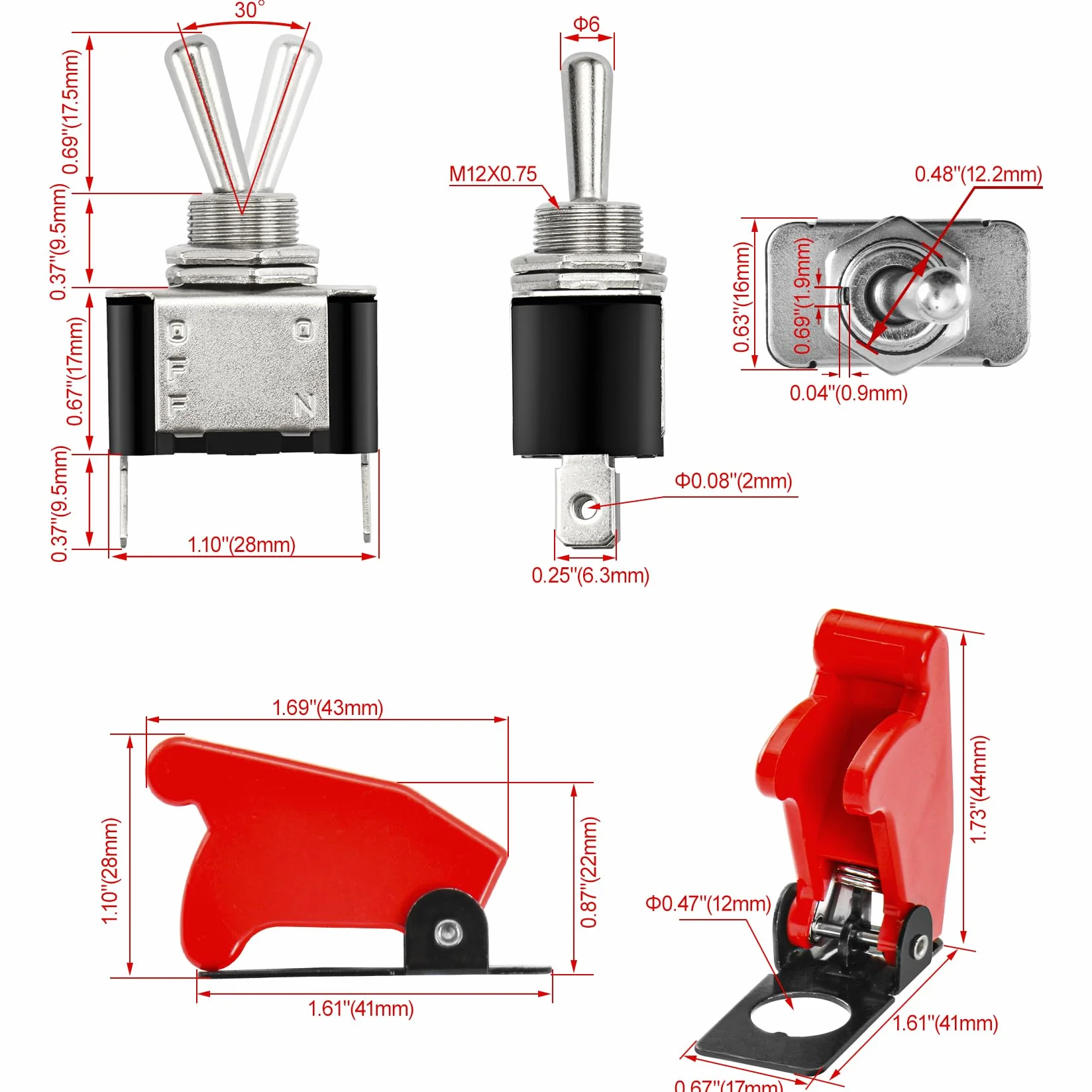 Heschen Metalowy przełącznik przestawny, 12V 20A, SPST, ON/OFF 2-pozycyjny, 2-pinowy, z czerwoną wodoodporną nakładką