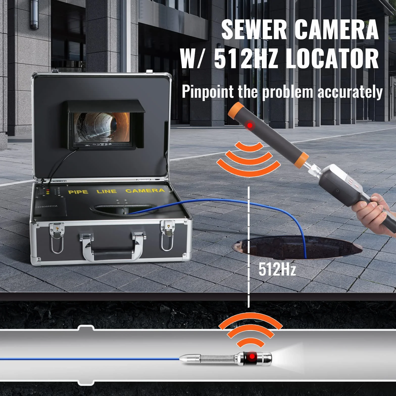 VEVOR Kamera inspekcyjna 512 Hz endoskop drenażowy 30 m ekran 7" DVR IP68 16 GB