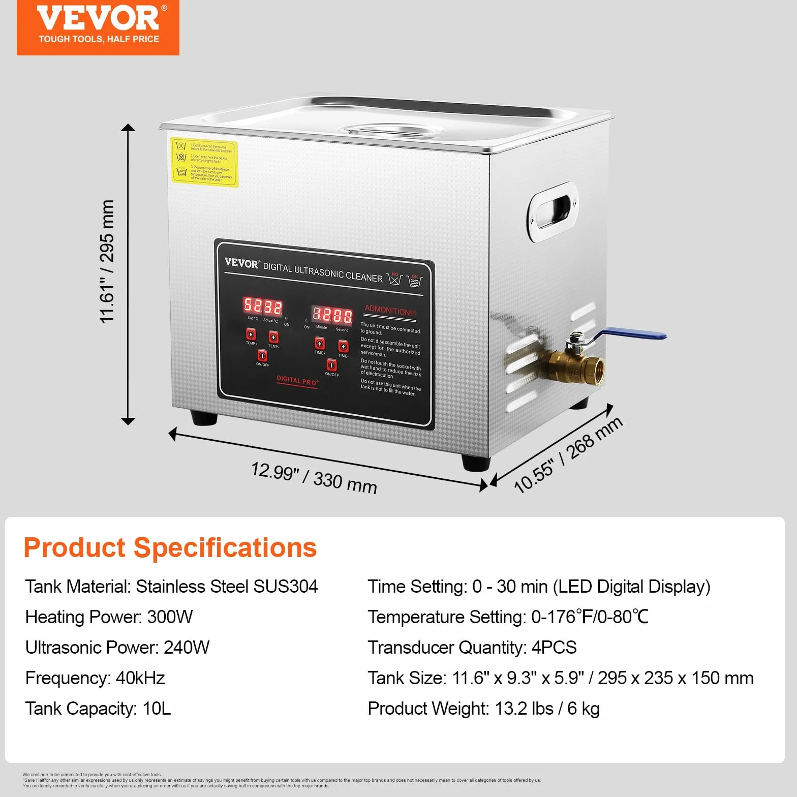 VEVOR Ultradźwiękowe urządzenie do czyszczenia ze stali nierdzewnej 300 W, 10 l, urządzenie do czyszczenia ultradźwiękowego z cyfrowym wyświetlaczem 0-30 min, czyszczenie ultradźwiękowe biżuterii,