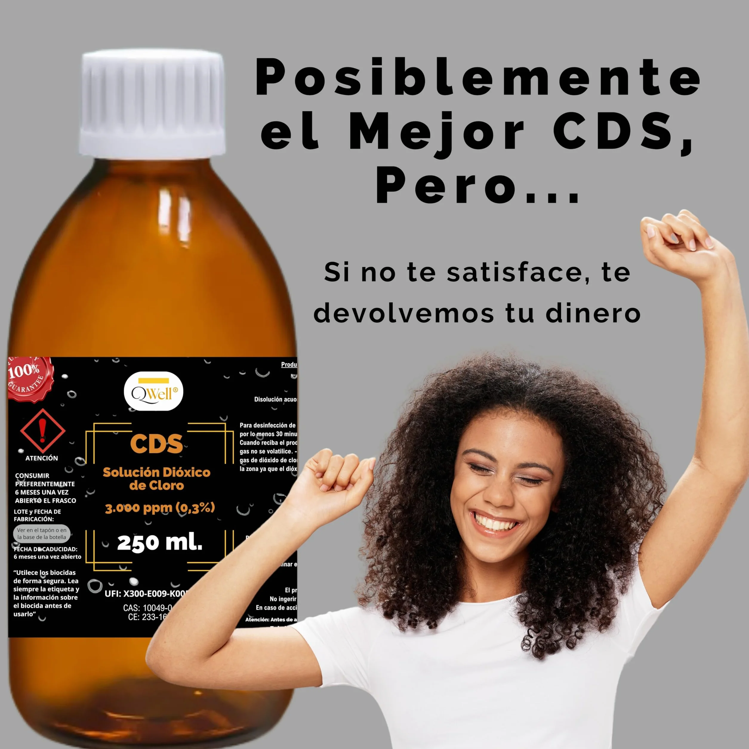CDS 250 ml QWell | roztwór dwutlenku chloru 3000 ppm | bardzo wysoka czystość | bursztynowy kryształ z sterylnym dozownikiem i zakraplaczem | aktywny roztwór 0,3% w wodzie o bardzo dużej szczelności