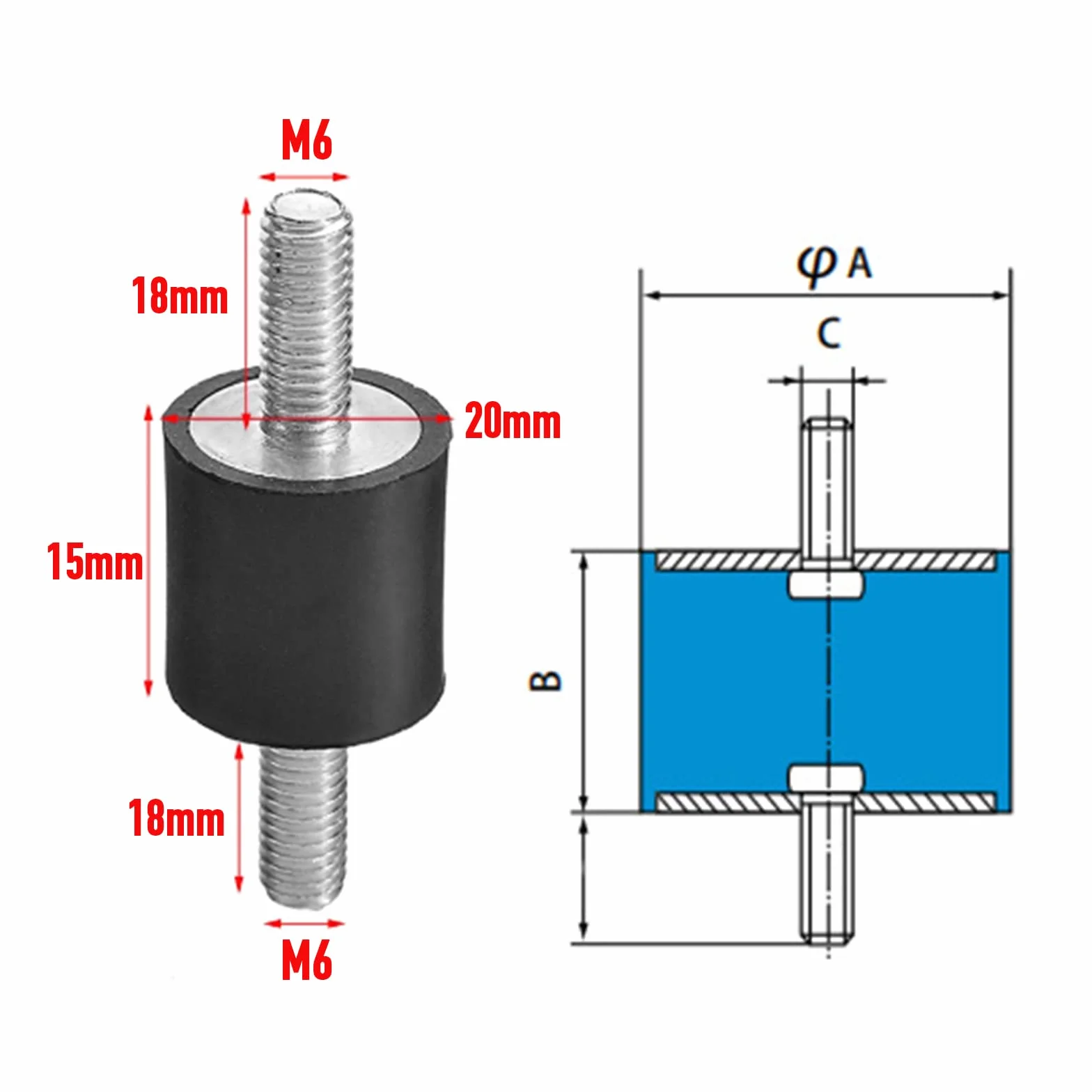Izolator Antywibracyjny M6 Gumowe Mocowania Męskie Silentblock do Sprężarek Powietrza VV20*15 M6*18